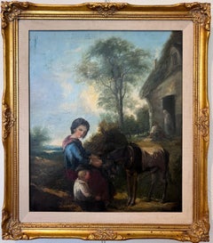 Antique 19 century Pastoral Genre Original Oil Canvas Painting European School