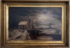Antique 1906 Dutch Oil Painting Church Landscape Moonlit Scene Signed Framed