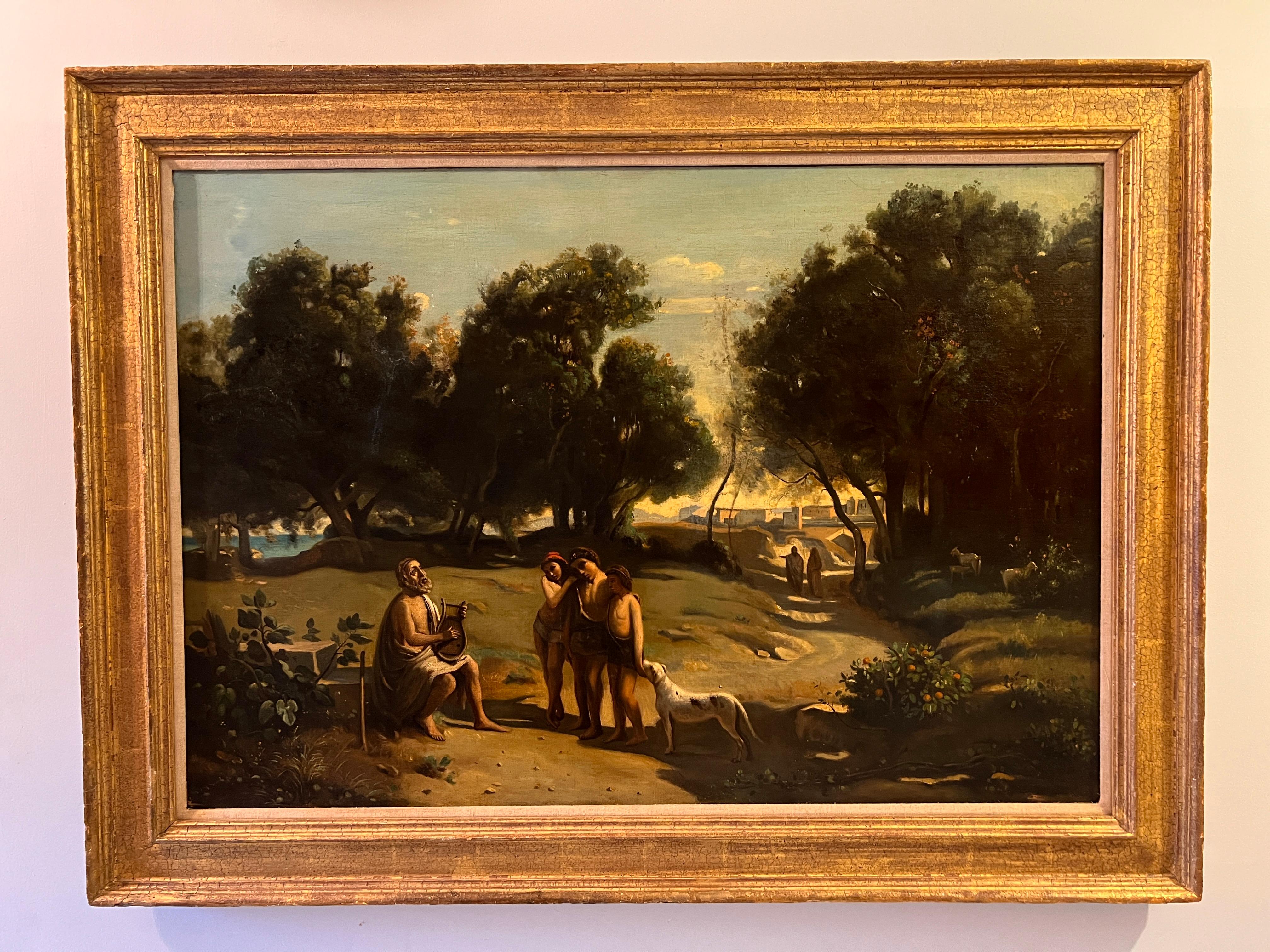 Antique 19C. Oil painting on canvas, neoclassical Scene, Homer playing his Lyre - Painting by Unknown
