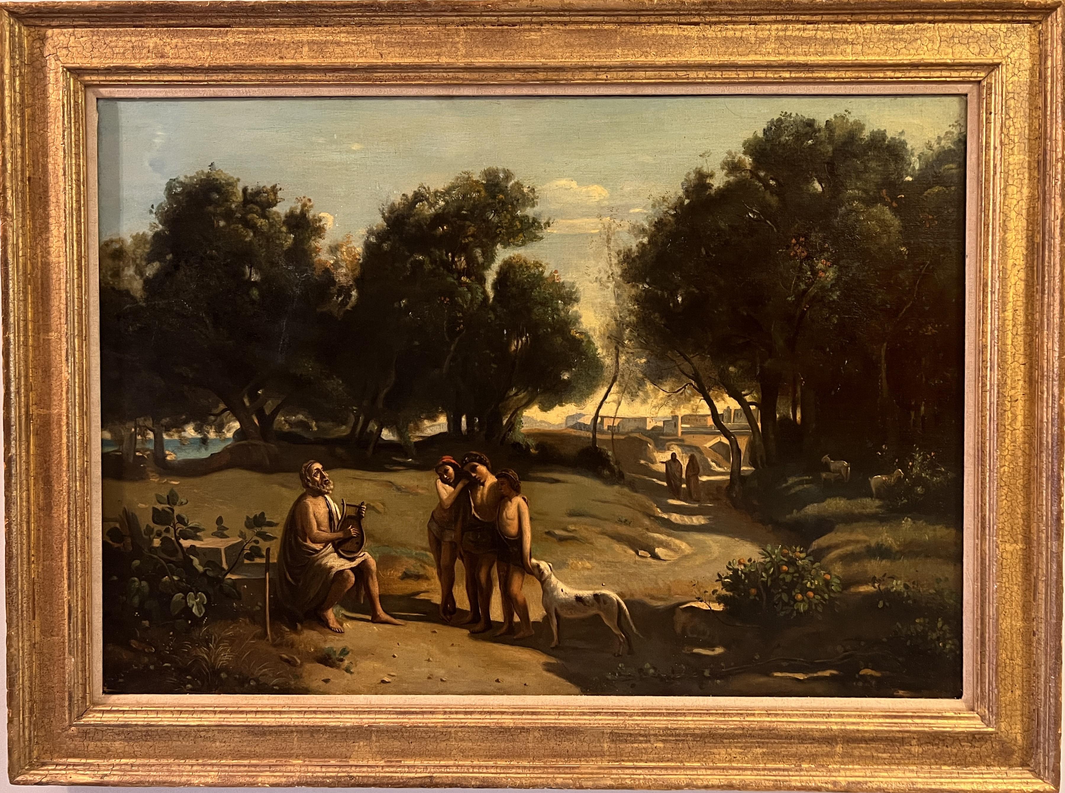 Unknown Landscape Painting - Antique 19C. Oil painting on canvas, neoclassical Scene, Homer playing his Lyre