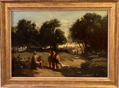 Antiquités 19C. Peinture à l'huile sur toile, scène néoclassique, Homer jouant de sa lyre