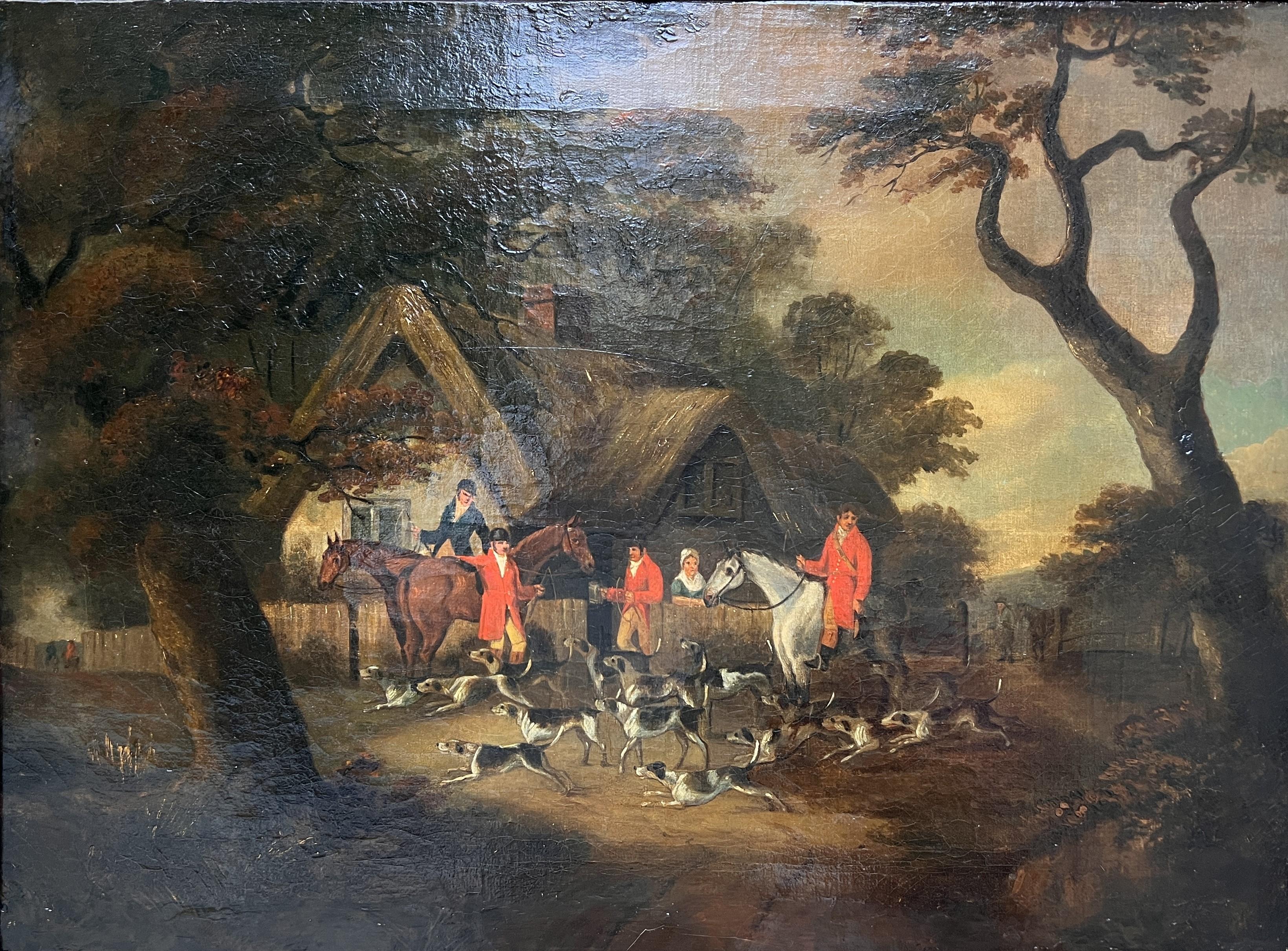 Antique 19century or earlier English School oil painting on canvas Hunting scene - Painting by Unknown