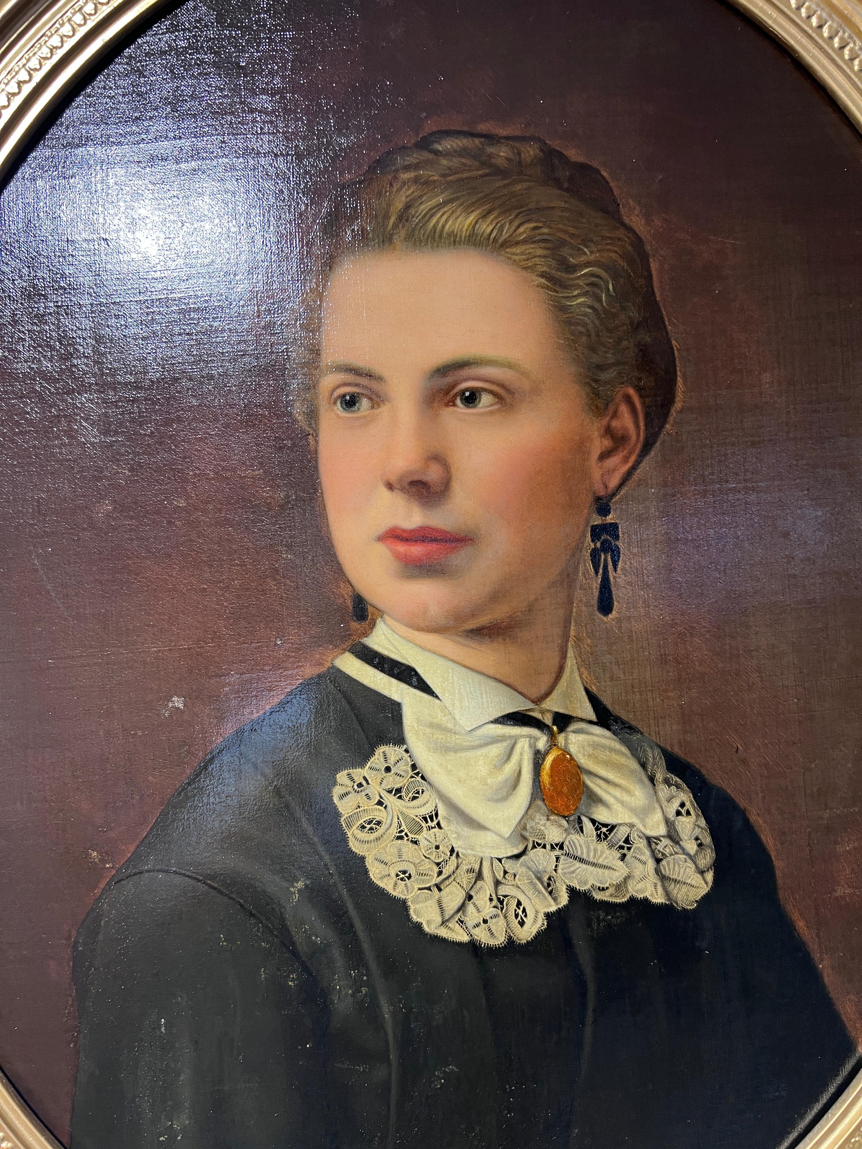 Antico dipinto a olio su tela del XIX secolo, Ritratto femminile, cornice ovale - Painting di Unknown