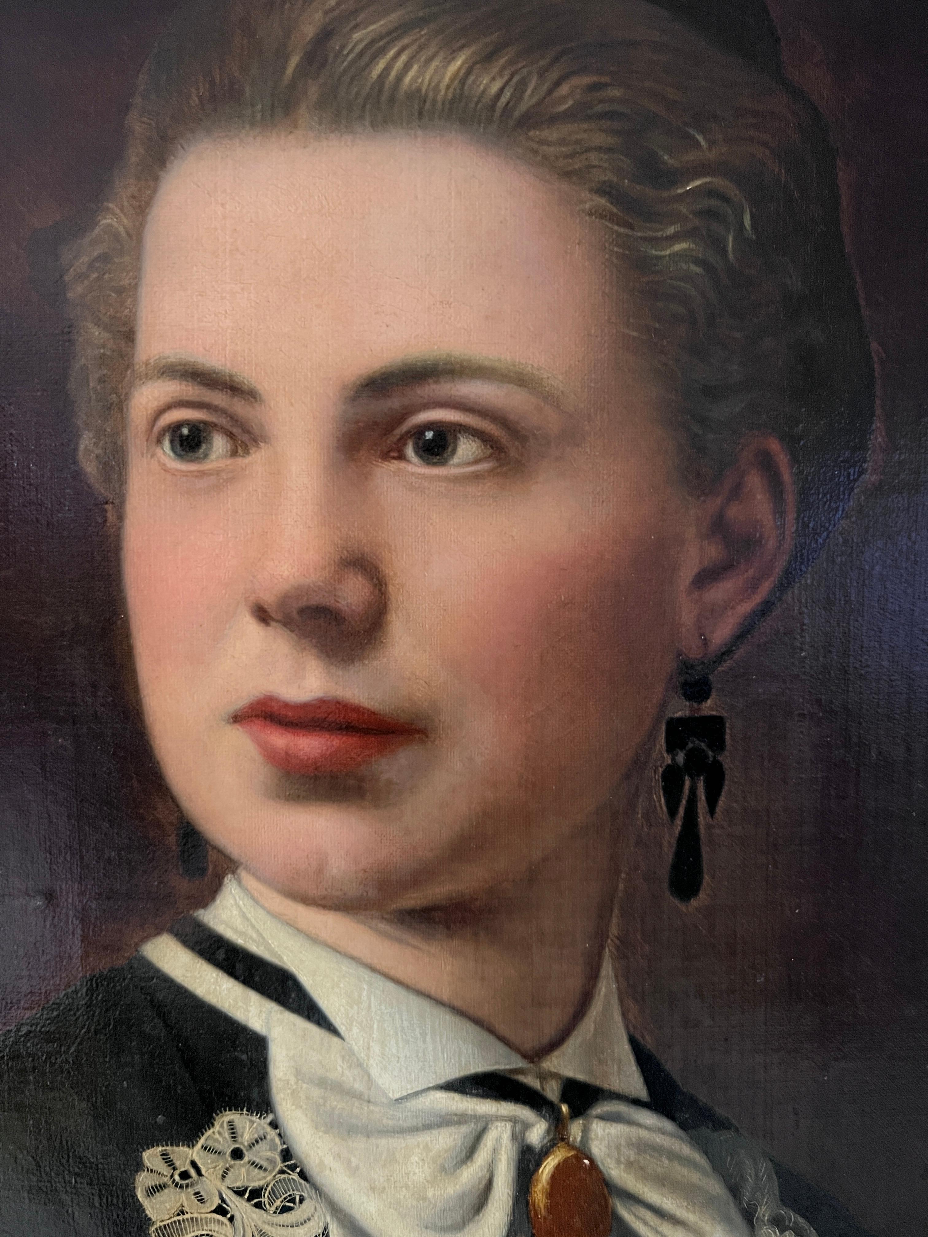 Antico dipinto a olio su tela del XIX secolo, Ritratto femminile, cornice ovale - Painting Impressionismo di Unknown