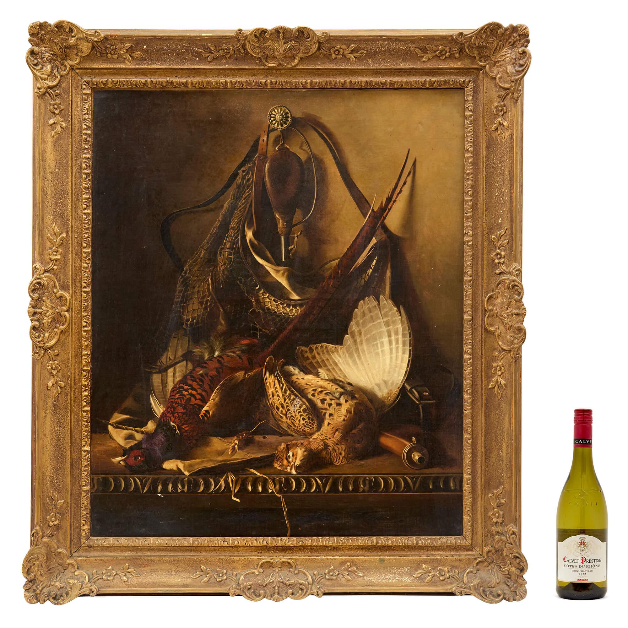 Nature morte à l'huile ancienne du 19e siècle de la Continental School Équipement de chasse - Marron Still-Life Painting par Unknown