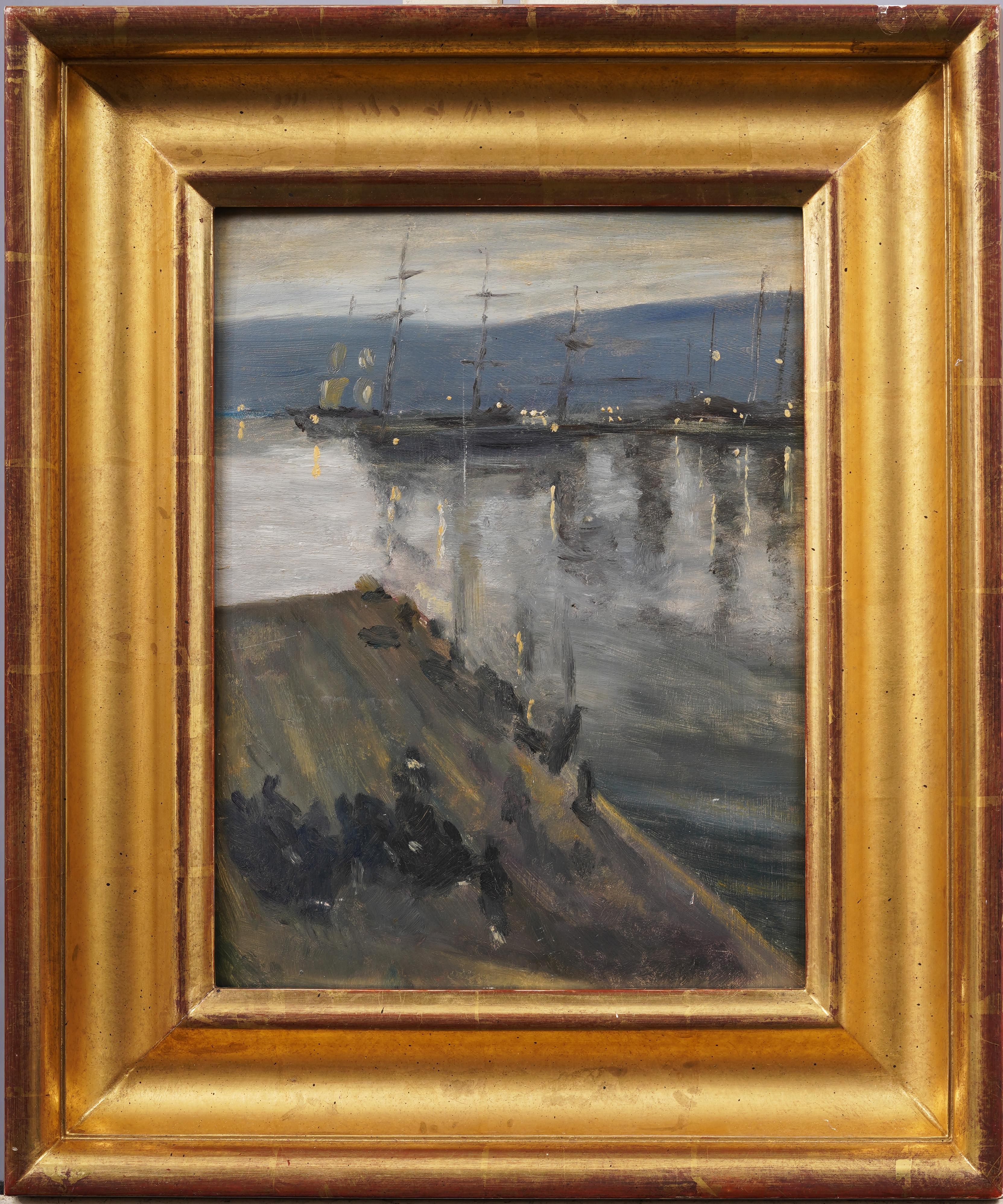 Antique French Impressionist 19th Century Nocturnal Cityscape River Oil Painting (Pittura a olio) - Landscape Painting Marrone di Unknown
