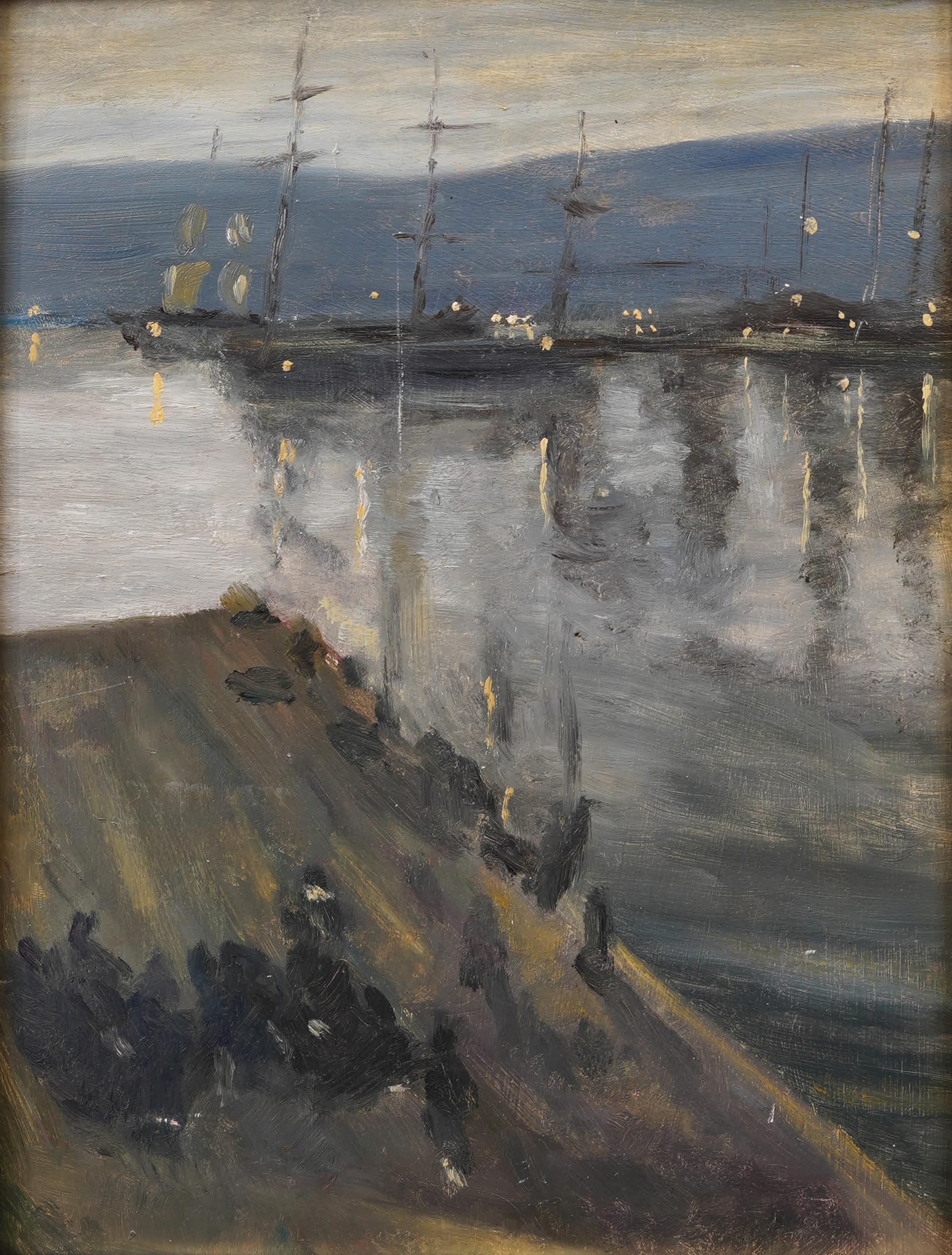 Impressionante dipinto di paesaggio urbano del primo periodo impressionista europeo.  Incorniciato.  Olio su tavola.  Dimensioni dell'immagine, 11H per 8L.