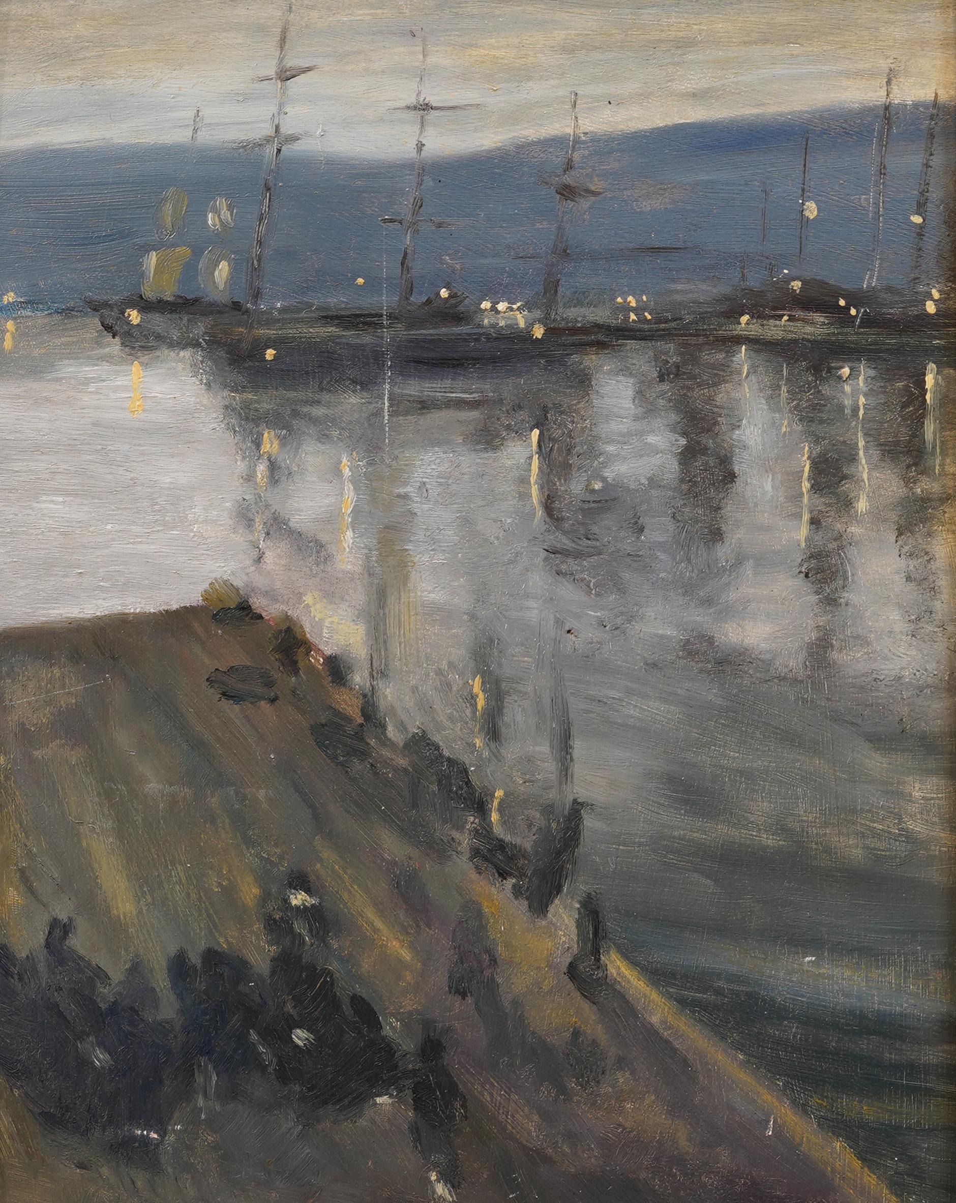 Antique French Impressionist 19th Century Nocturnal Cityscape River Oil Painting (Pittura a olio) in vendita 1