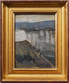 Antikes französisches impressionistisches, stimmungsvolles Stadtbild eines Flusses, Ölgemälde, 19. Jahrhundert