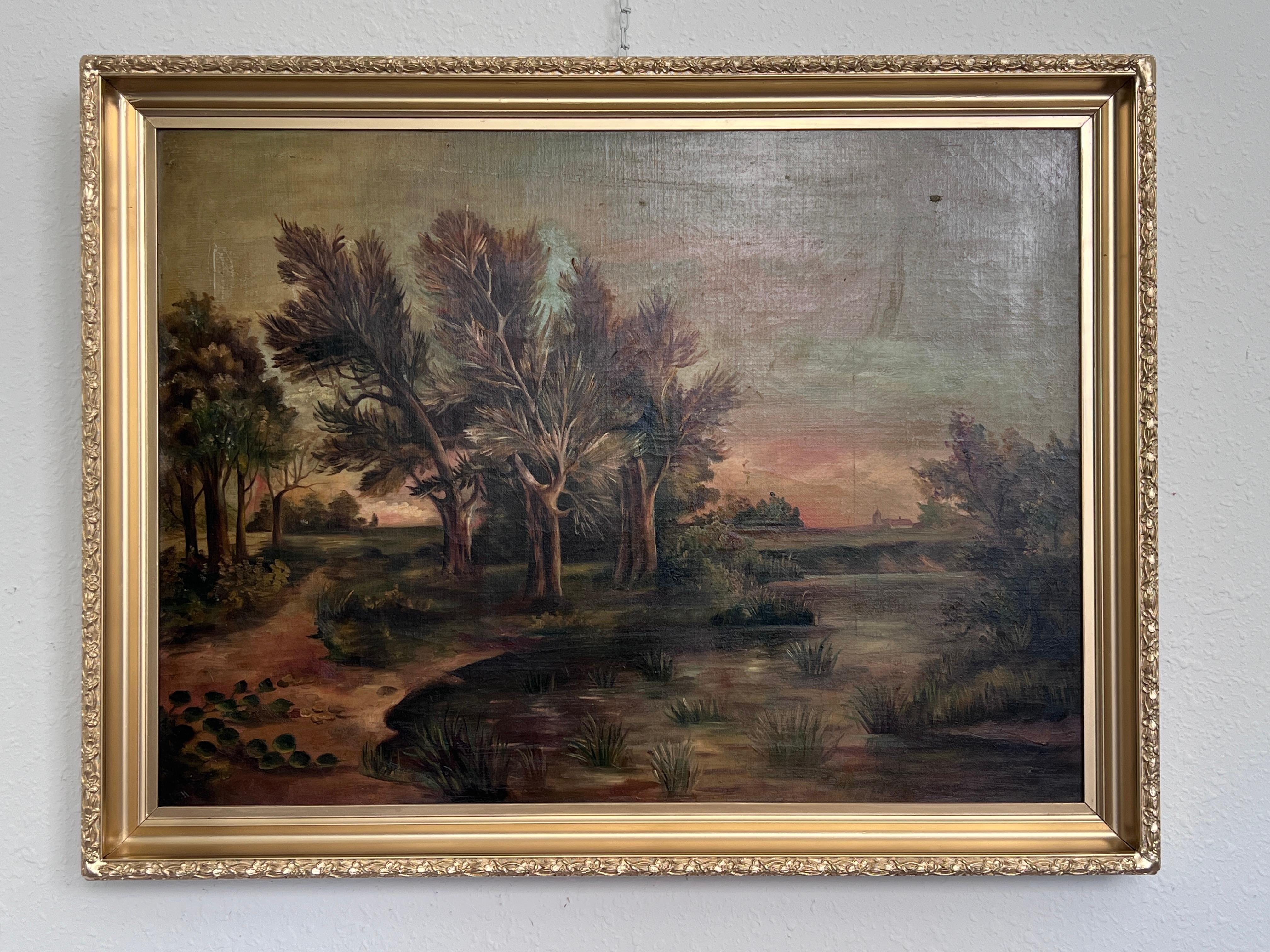 Peinture à l'huile ancienne du 19ème siècle - Coucher de soleil sur l'étang, encadrée - Painting de Unknown