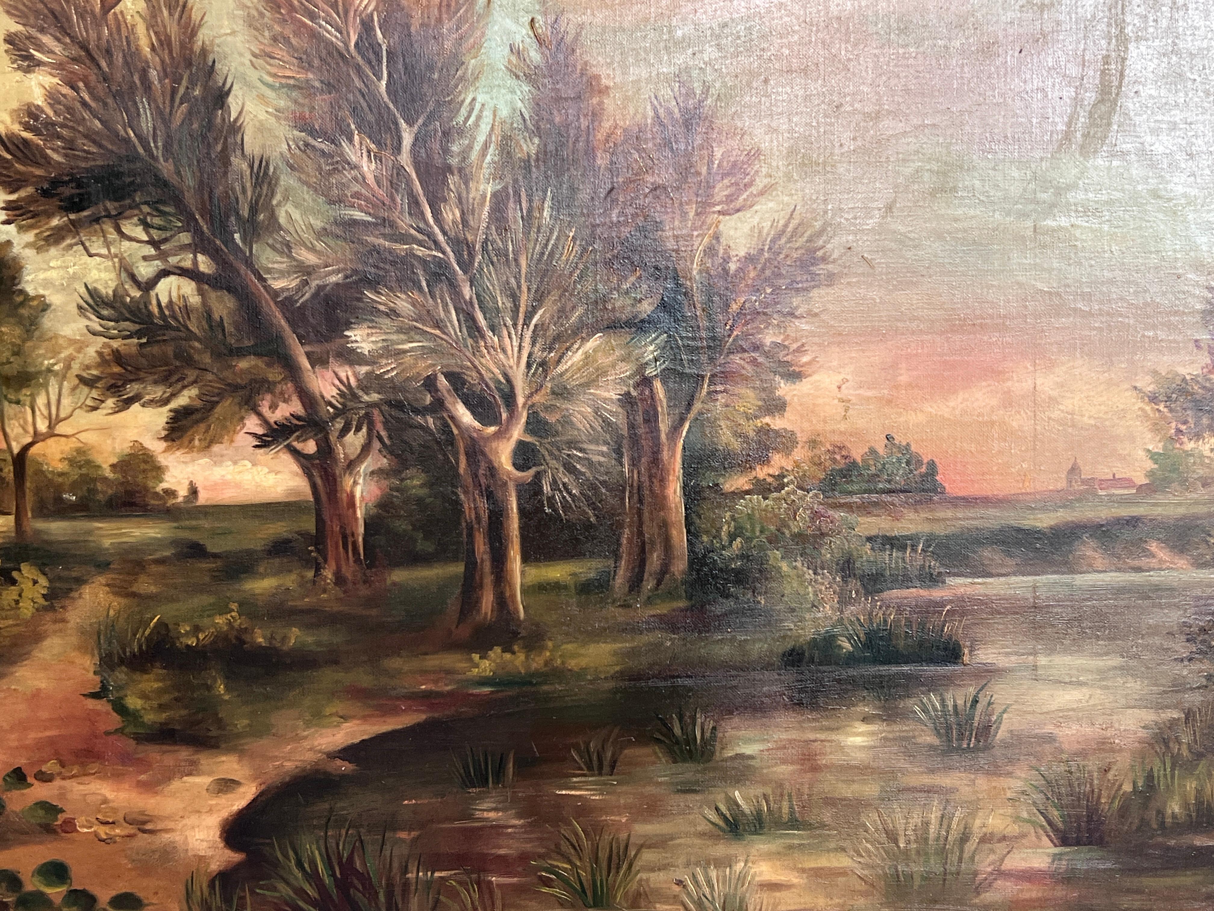 Peinture à l'huile ancienne du 19ème siècle - Coucher de soleil sur l'étang, encadrée - Impressionnisme Painting par Unknown