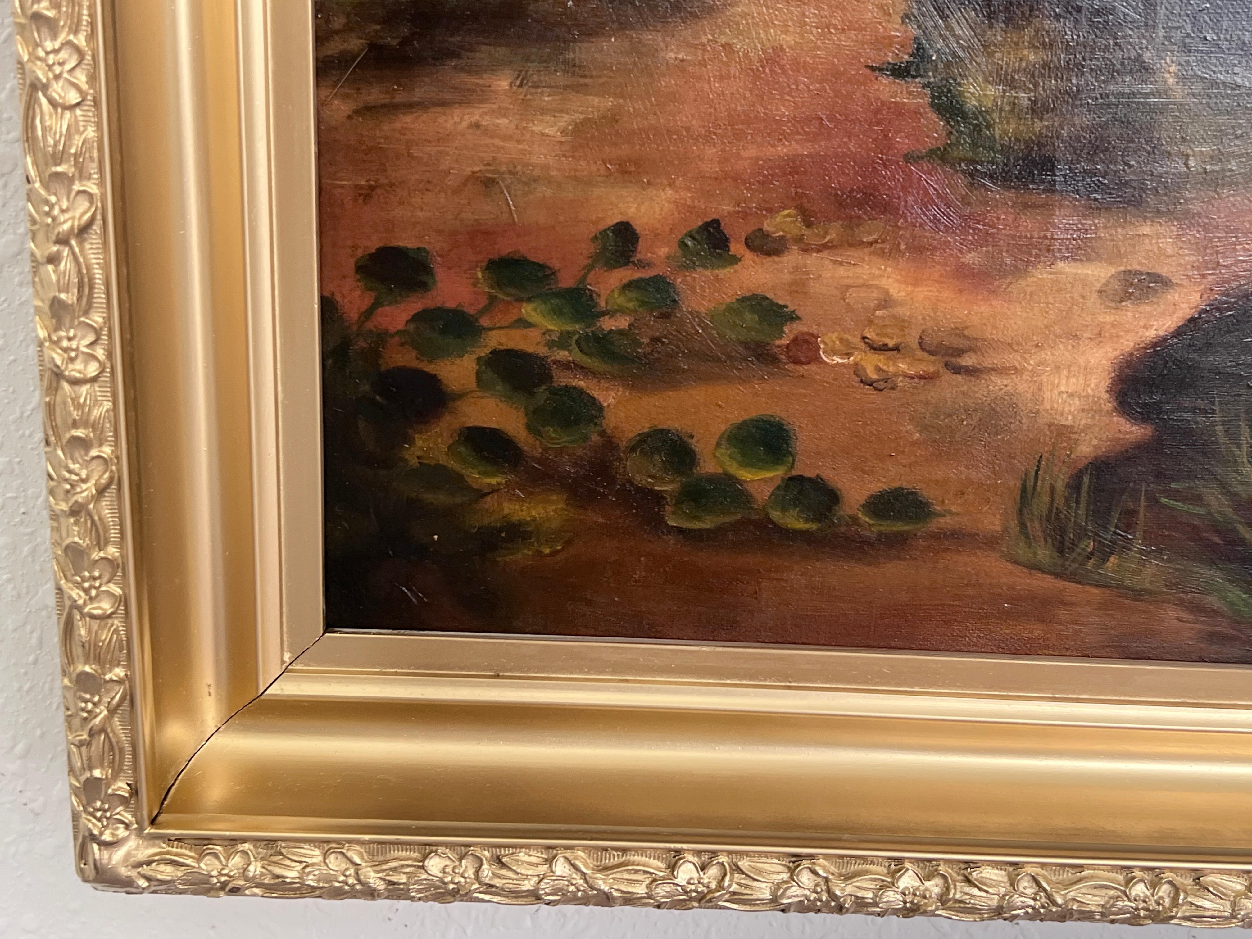 Peinture à l'huile ancienne du 19ème siècle - Coucher de soleil sur l'étang, encadrée - Marron Landscape Painting par Unknown
