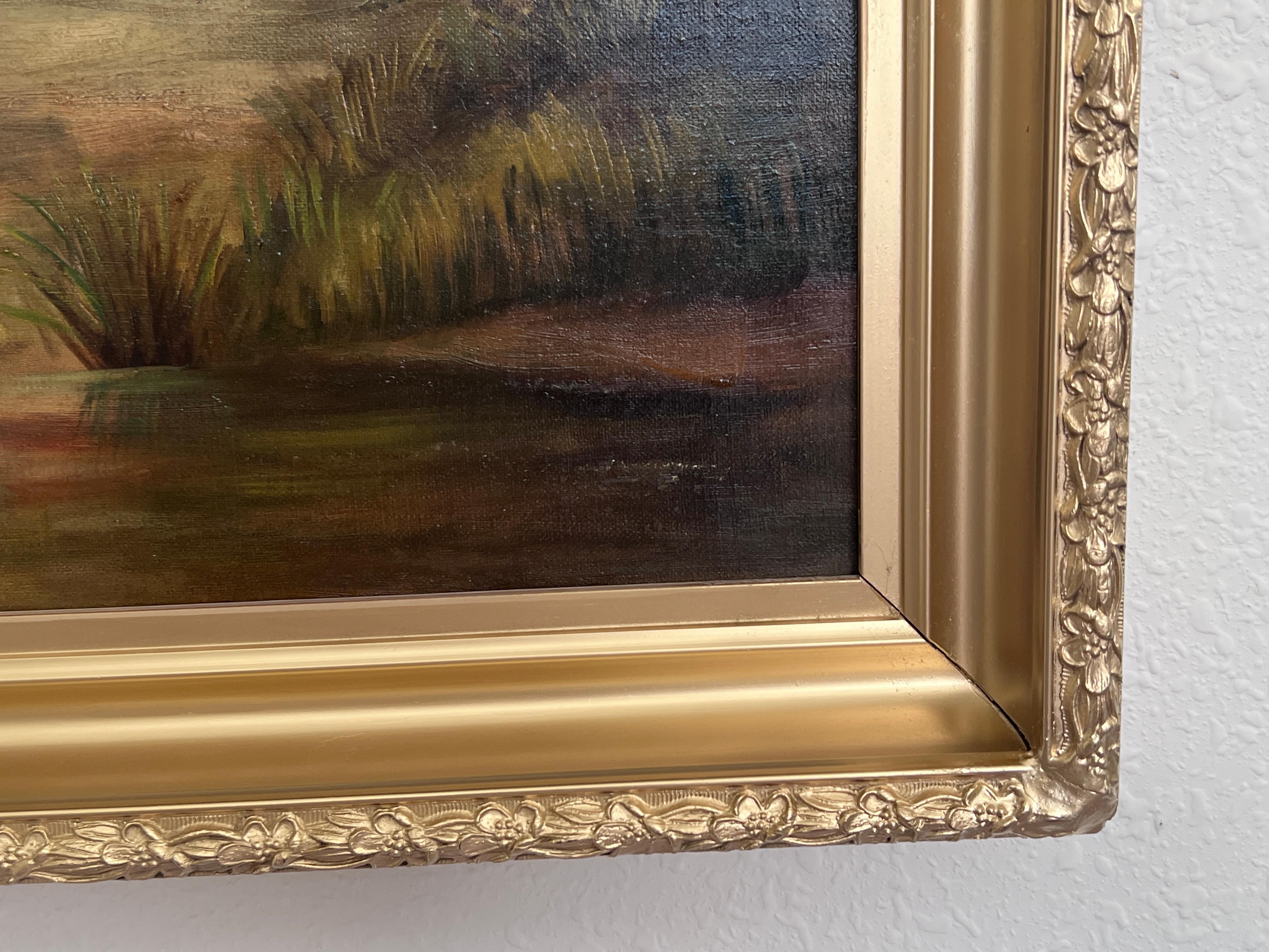 Peinture à l'huile ancienne du 19ème siècle - Coucher de soleil sur l'étang, encadrée en vente 2