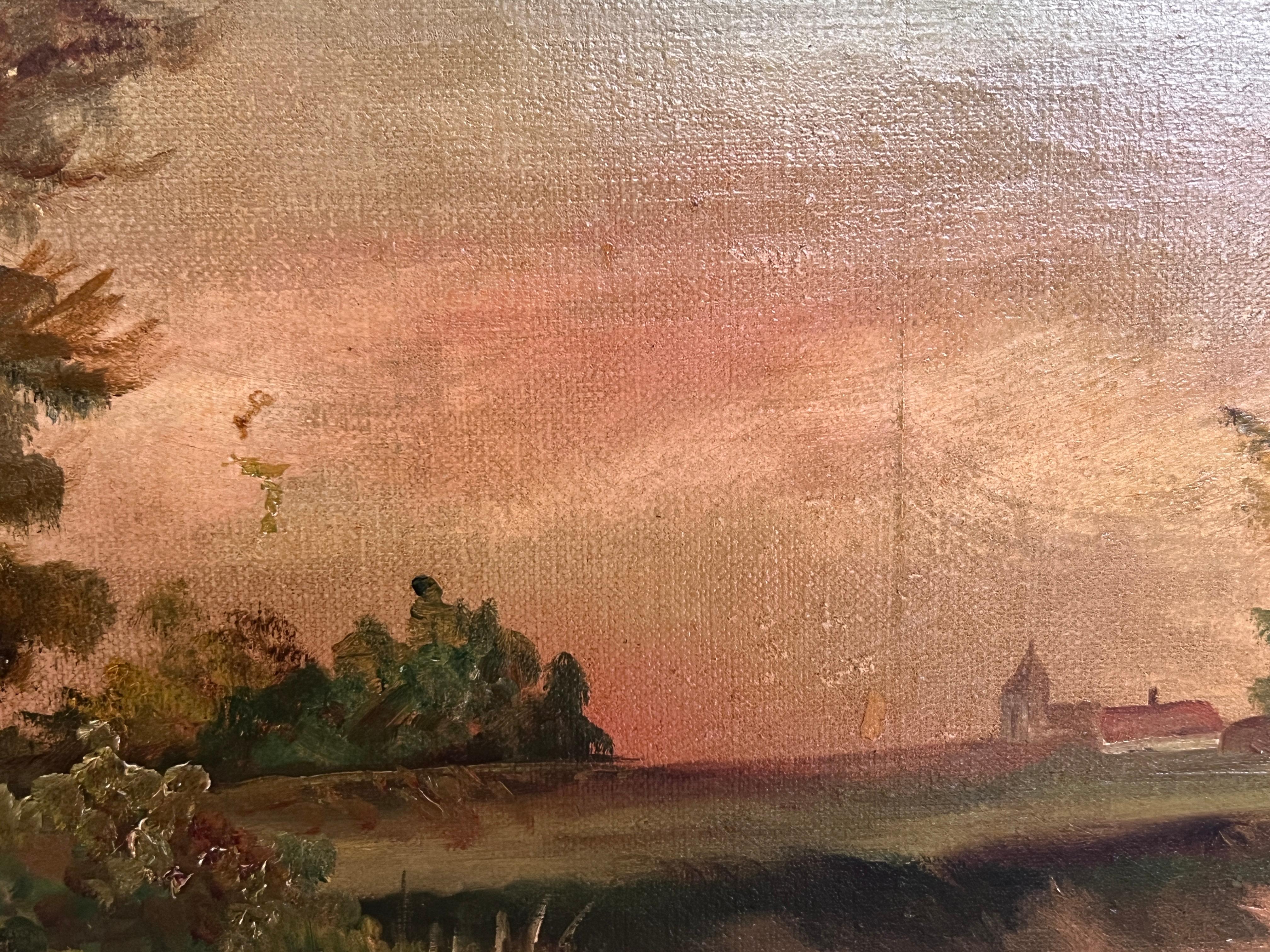Peinture à l'huile ancienne du 19ème siècle - Coucher de soleil sur l'étang, encadrée en vente 4