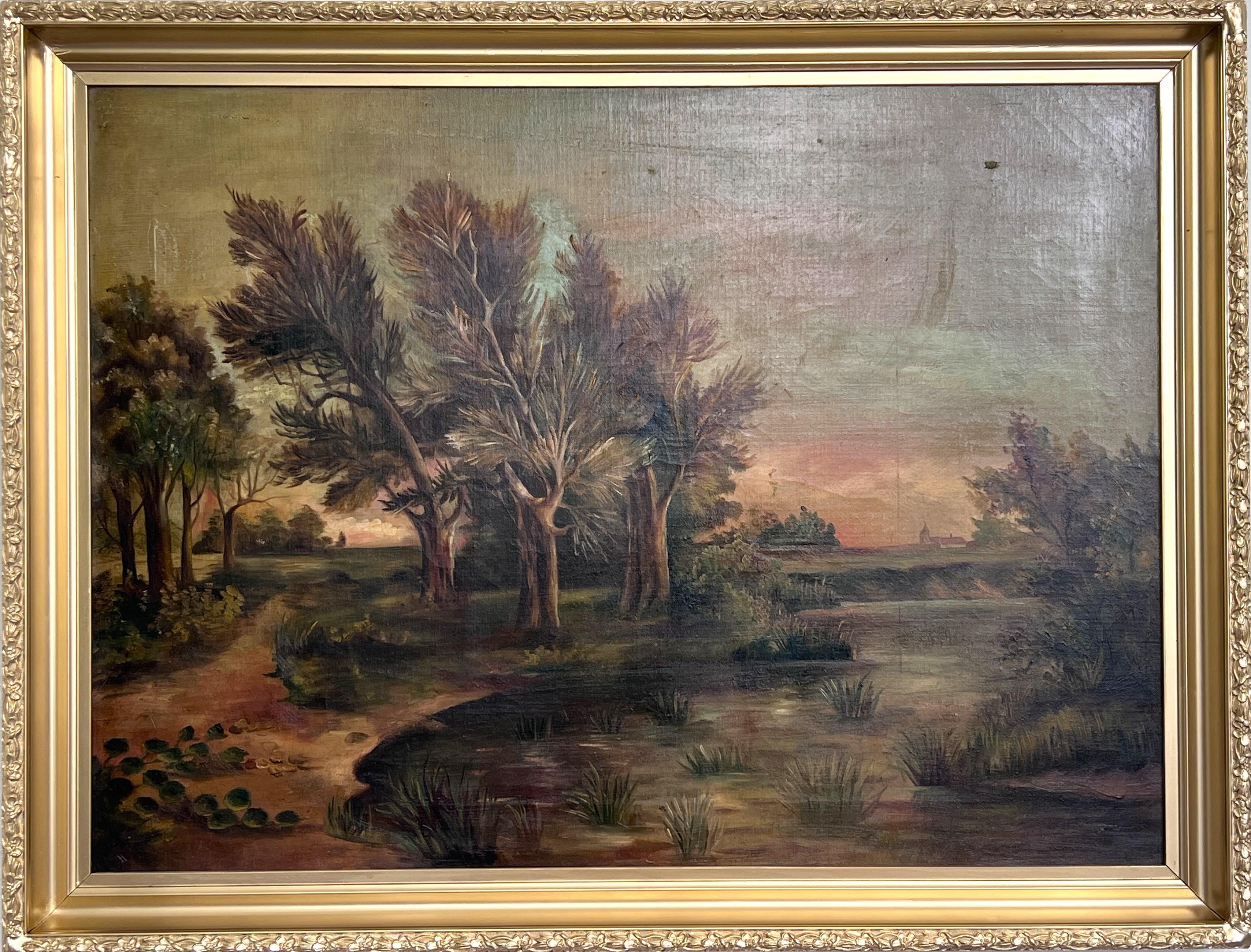 Landscape Painting Unknown - Peinture à l'huile ancienne du 19ème siècle - Coucher de soleil sur l'étang, encadrée