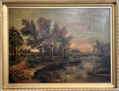 Antique 19th Century Landscape Oil Painting on canvas – Sunset over Pond, Framed