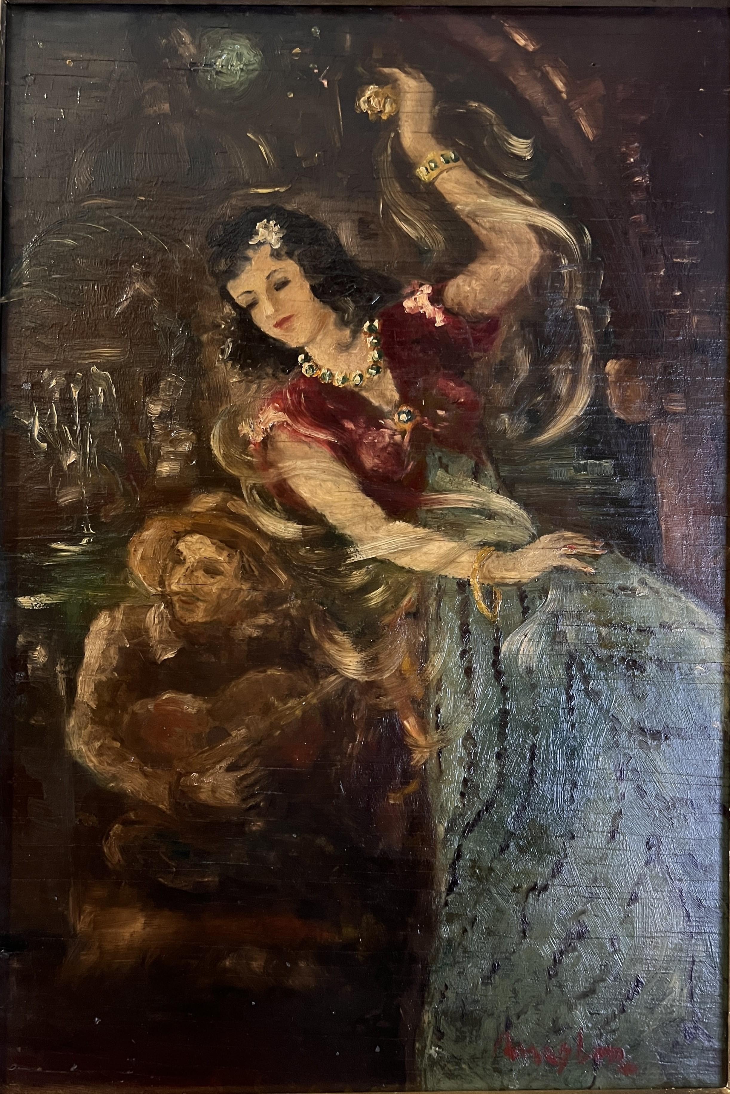 Up for sale is an original approximately 19th century  oil painting on wood, depicting a dancing Spanish woman and a musician. Very impressive.

Dimensions (frame): 25.5”  x 18.5” 
Dimensions (sight): 22 1/2”  x 15.5” 

Signed illegibly in the lower