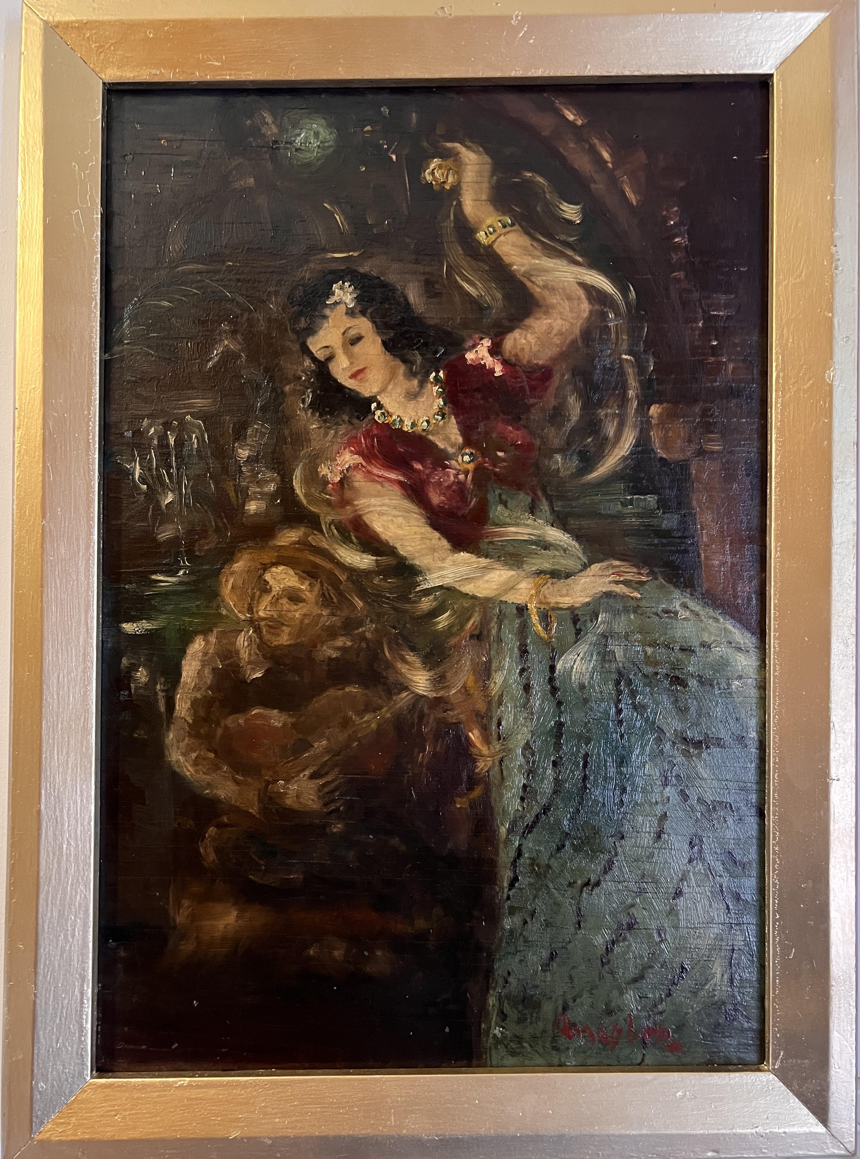 Unknown Interior Painting - Antique 19th century Oil Painting on board, Spanish Dancing Woman, Signed