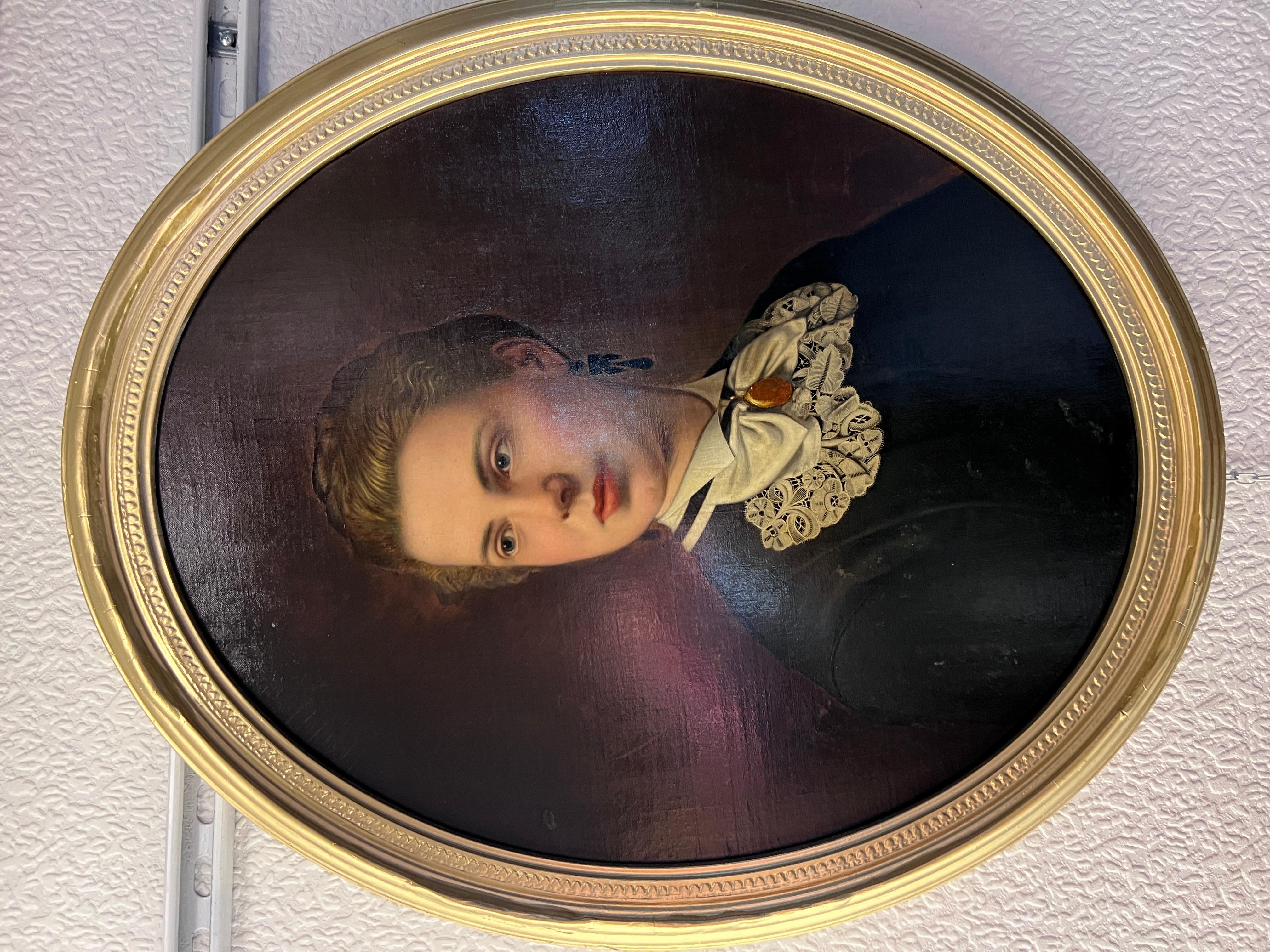 Antique 19th century oil painting on canvas, Female Portrait , Oval Frame For Sale 6
