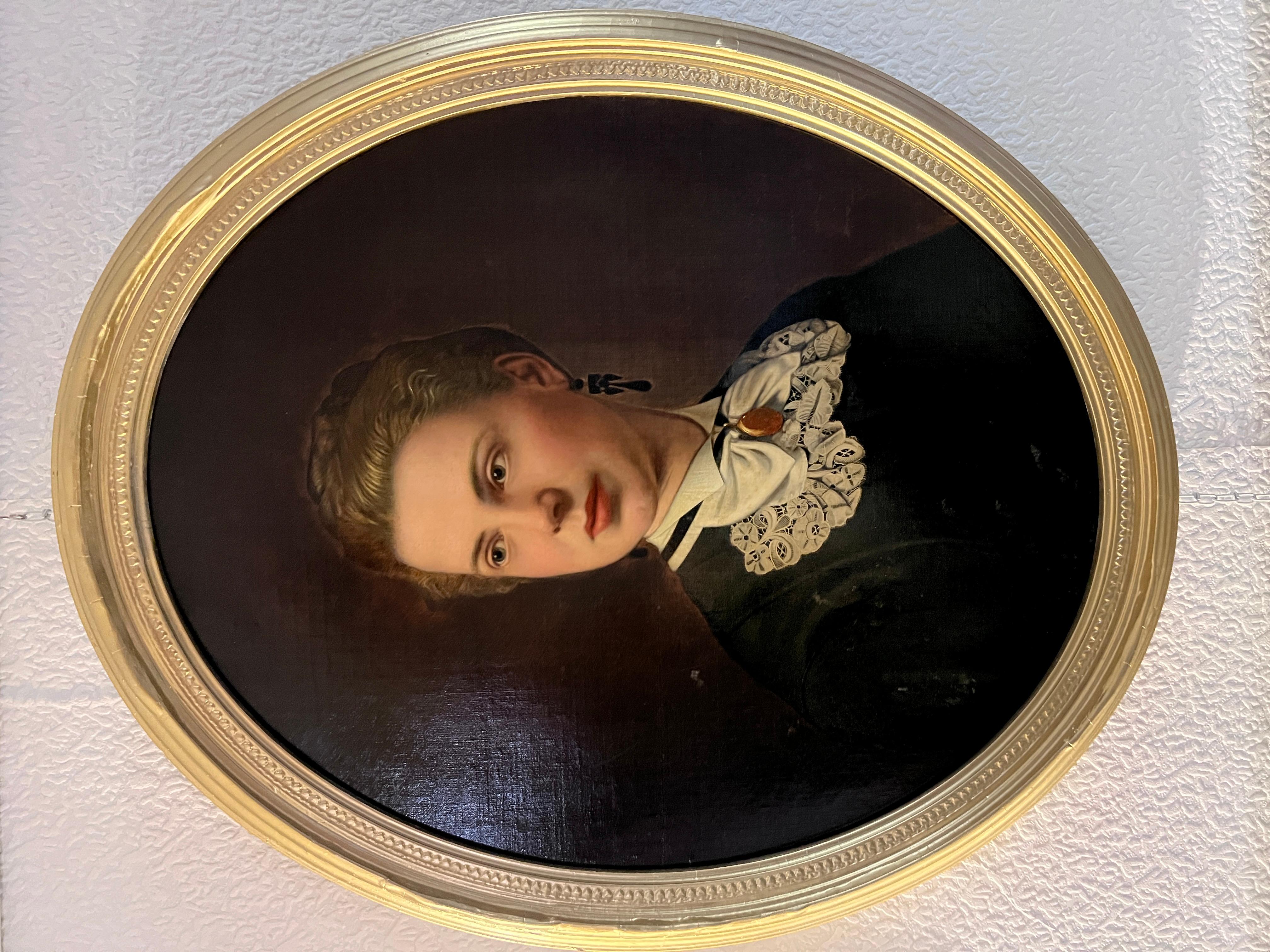 Antique 19th century oil painting on canvas, Female Portrait , Oval Frame For Sale 5