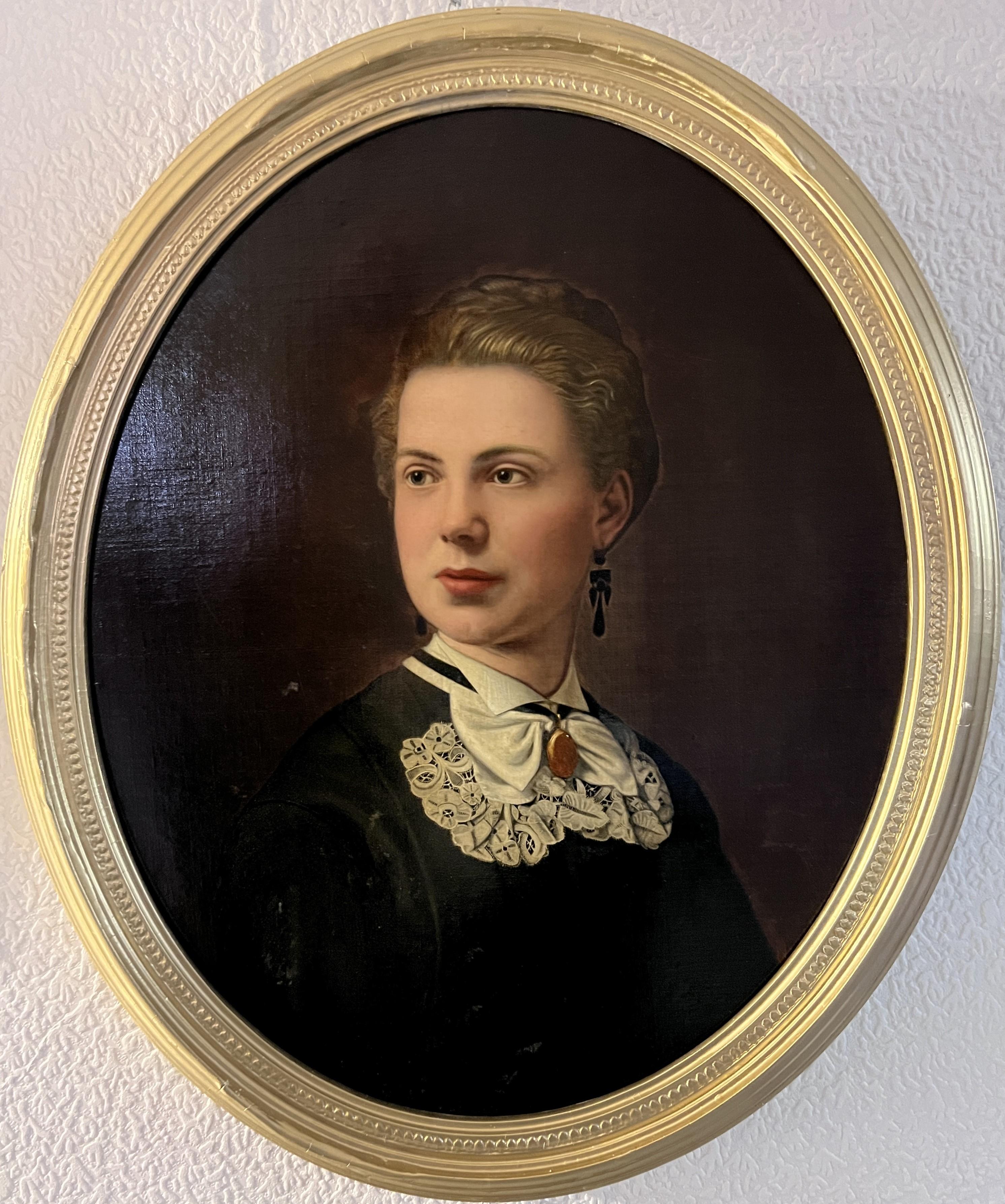 Unknown Portrait Painting - Antique 19th century oil painting on canvas, Female Portrait , Oval Frame