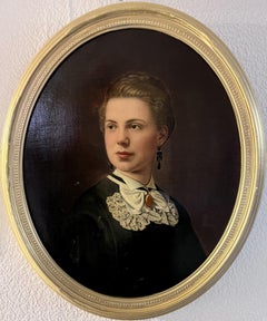 Ancienne peinture à l'huile sur toile du 19ème siècle, Portrait de femme, Cadre ovale