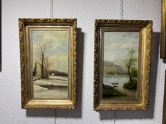 Antique 19th century oil painting on canvas, Landscape, Gold Frame