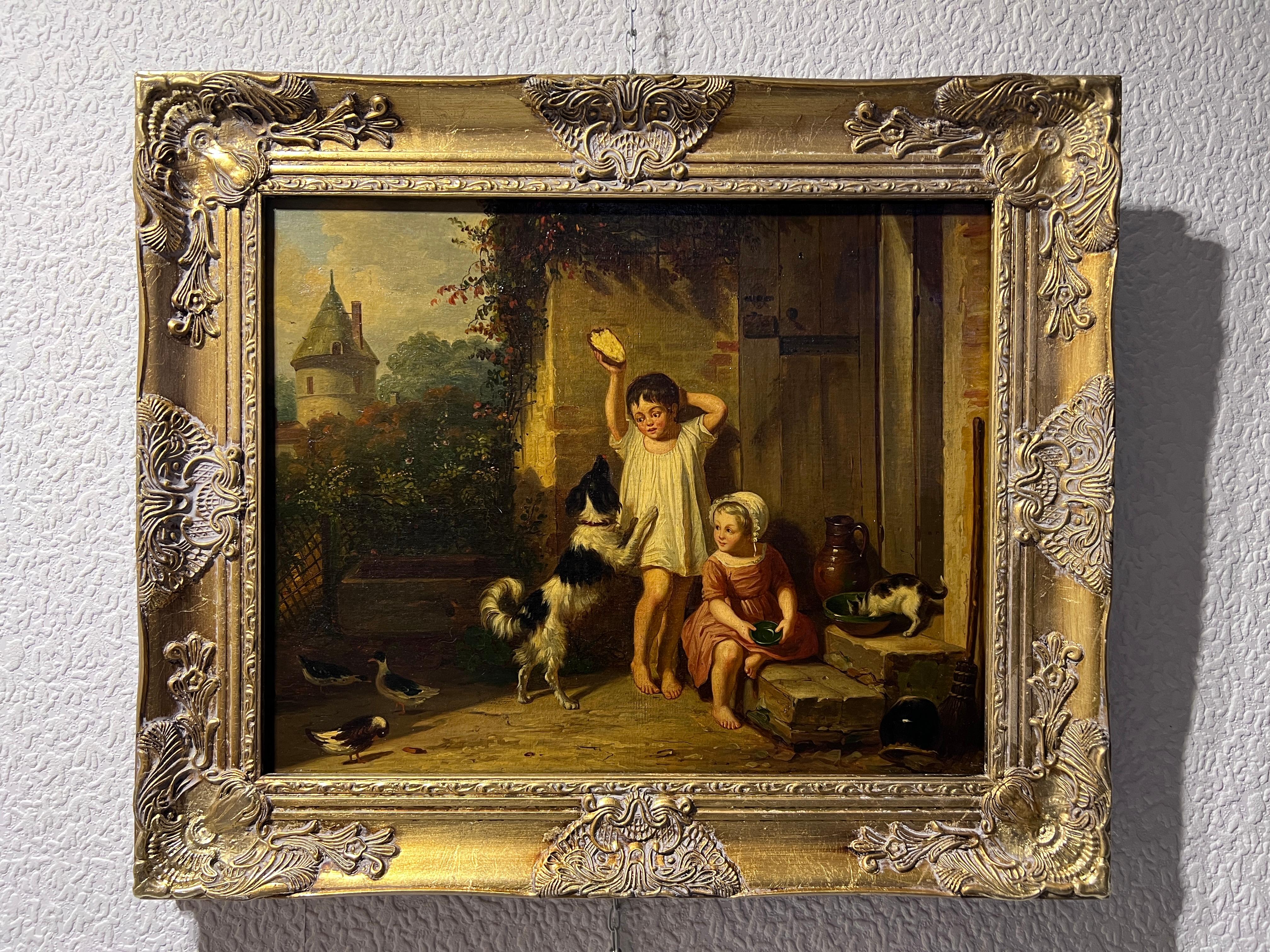 Antique 19th century Original oil painting on canvas, Children with pets, Framed - Painting by Unknown