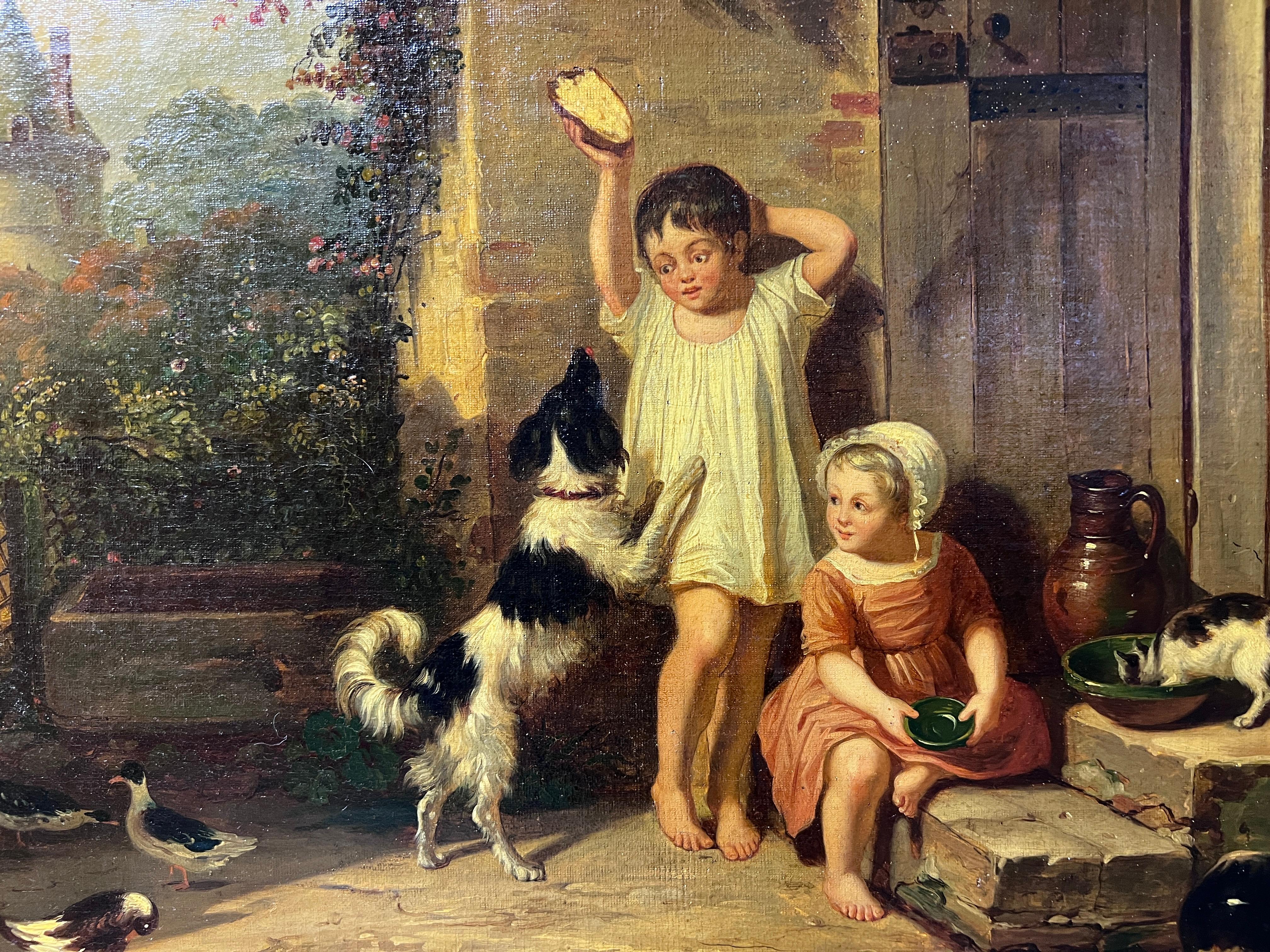 Antique 19th century Original oil painting on canvas, Children with pets, Framed - Impressionist Painting by Unknown