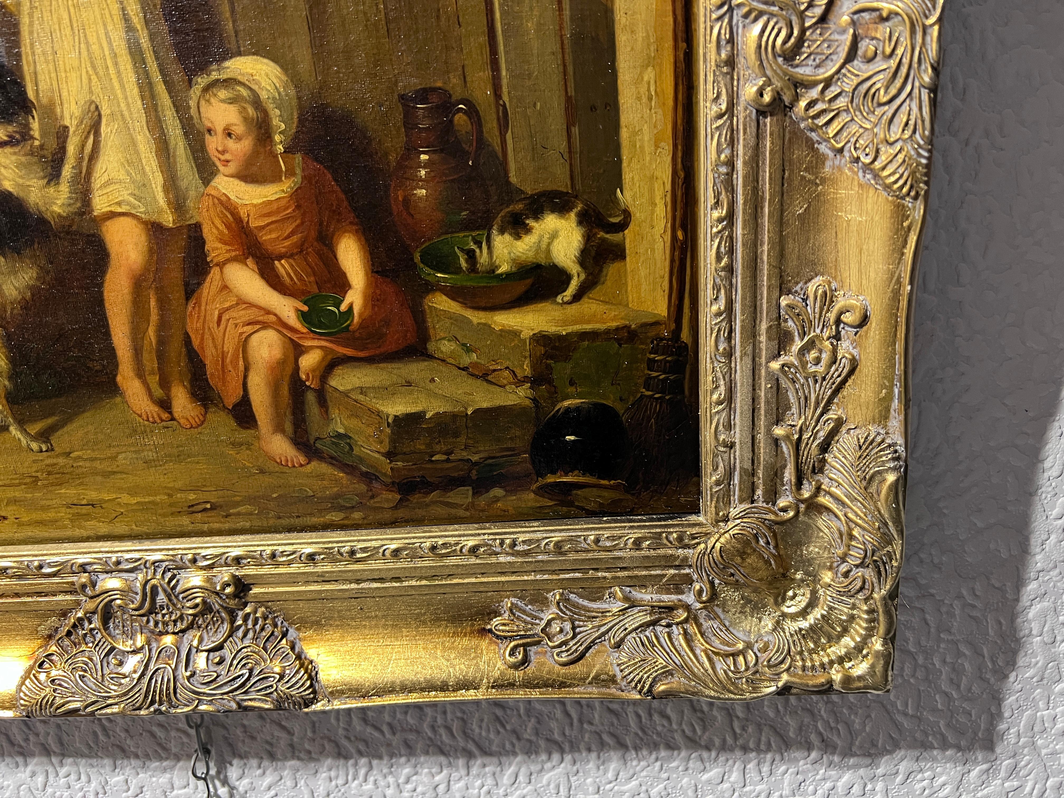 Antique 19th century Original oil painting on canvas, Children with pets, Framed For Sale 3