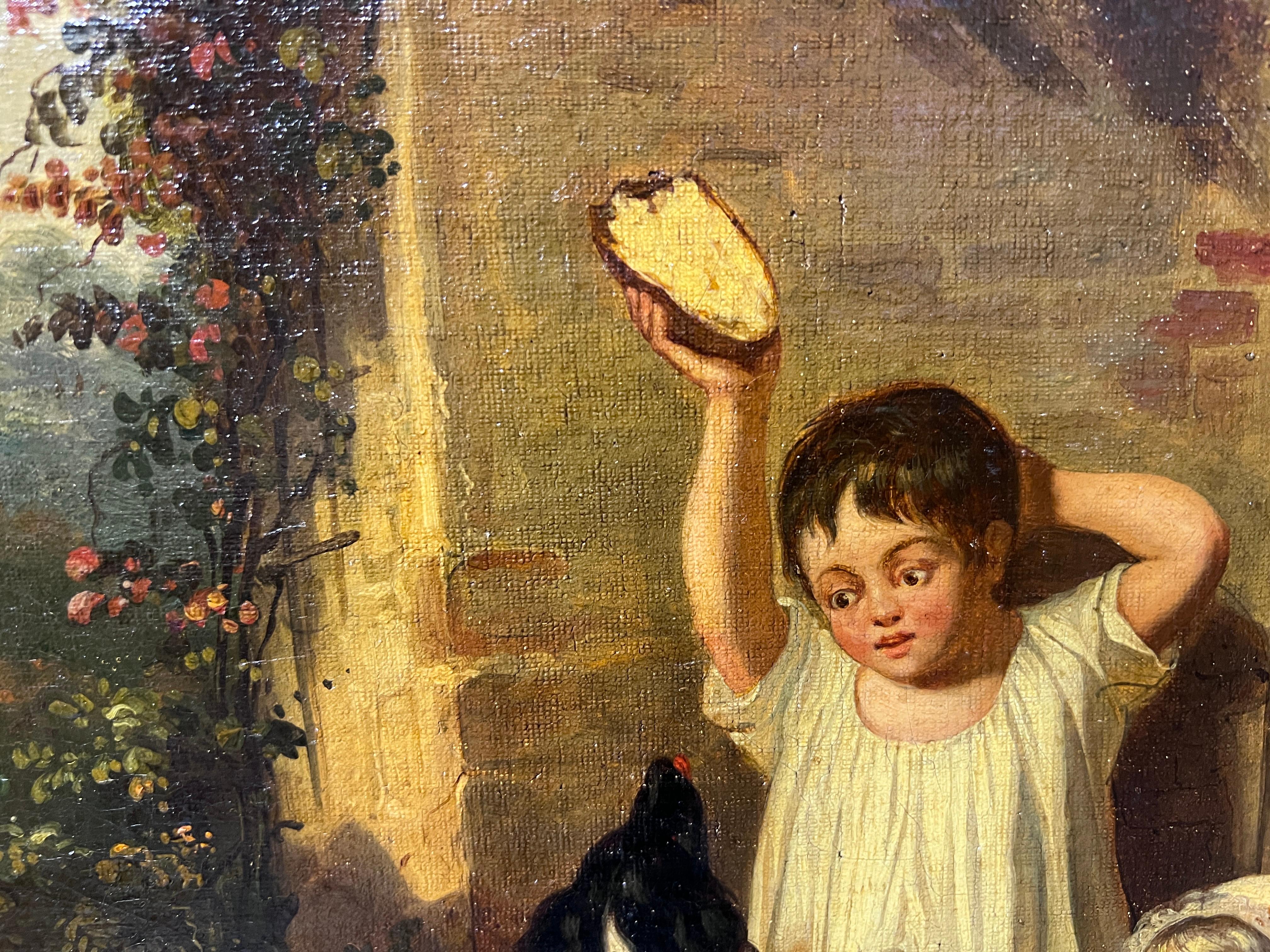 Antique 19th century Original oil painting on canvas, Children with pets, Framed For Sale 4