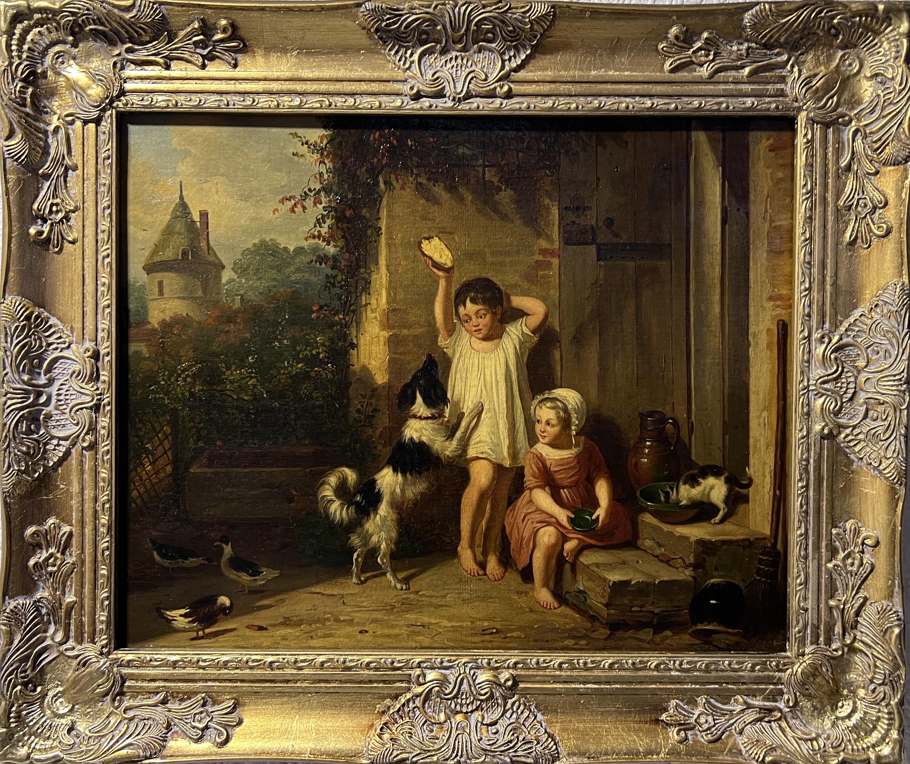 Unknown Figurative Painting - Antique 19th century Original oil painting on canvas, Children with pets, Framed