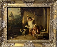 Antiquité, 19e siècle Peinture à l'huile originale sur toile, Enfants avec animaux, Encadrée