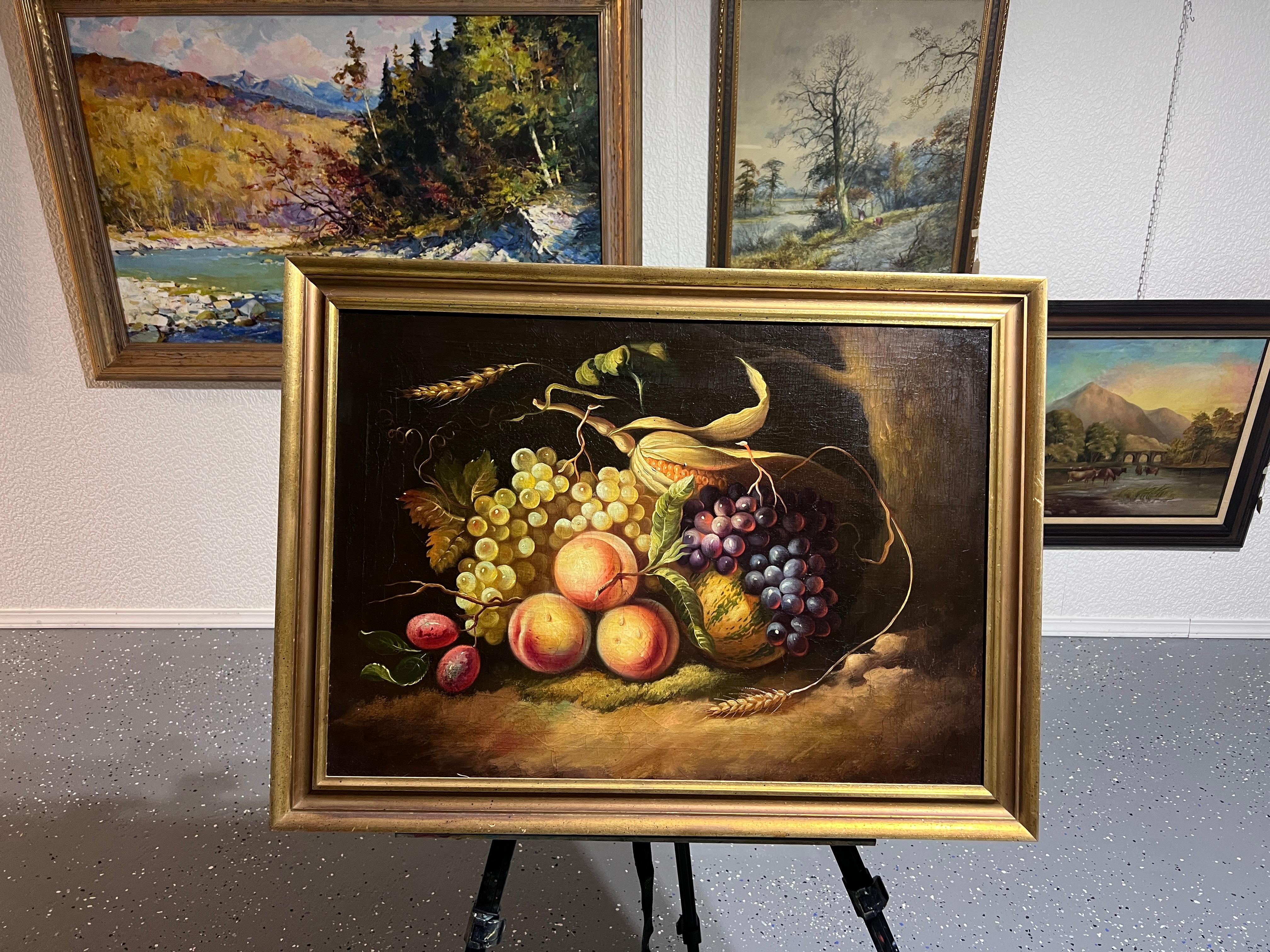 Up for sale is a beautiful original antique 19th-century oil painting on canvas. a still life with vibrant fruit and vegetables, including peaches, grapes, corn, and wheat, set on a mossy ground near a tree against a dark background.

Probably