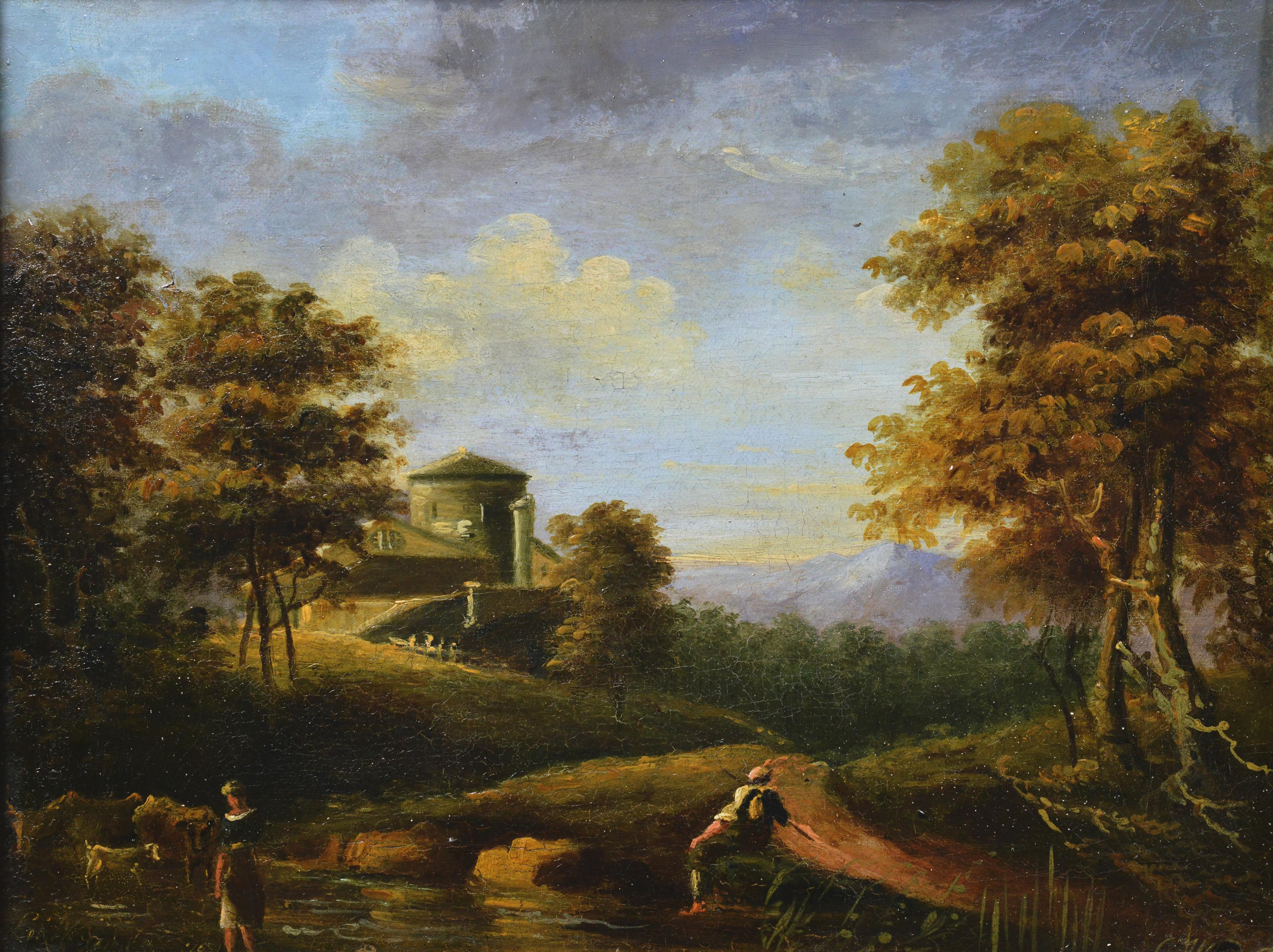Antique 19th Century Pastoral Landscape Oil on Canvas Old Master Style Signed - Painting by Unknown