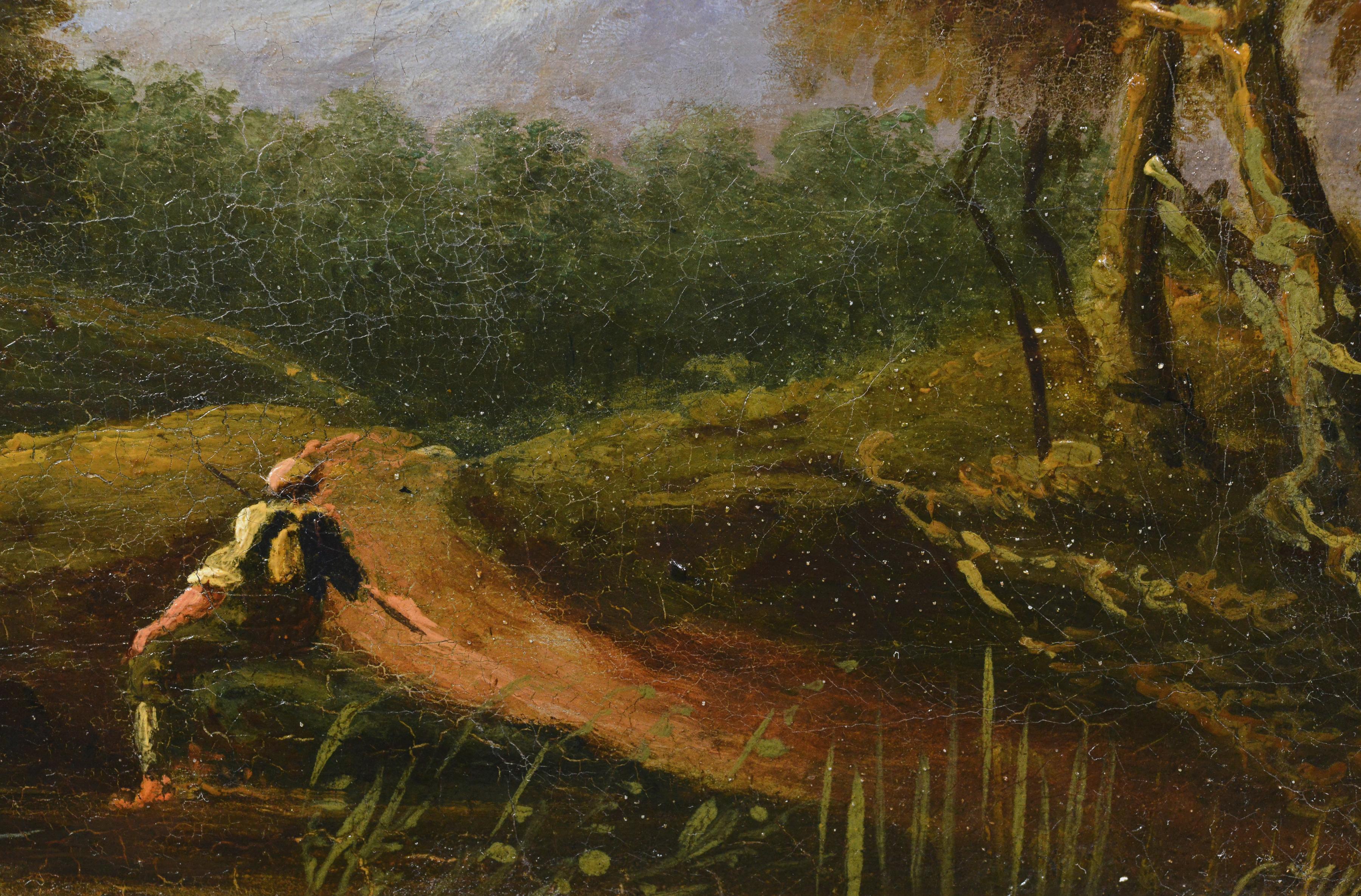 Antique 19th Century Pastoral Landscape Oil on Canvas Old Master Style Signed - Brown Figurative Painting by Unknown
