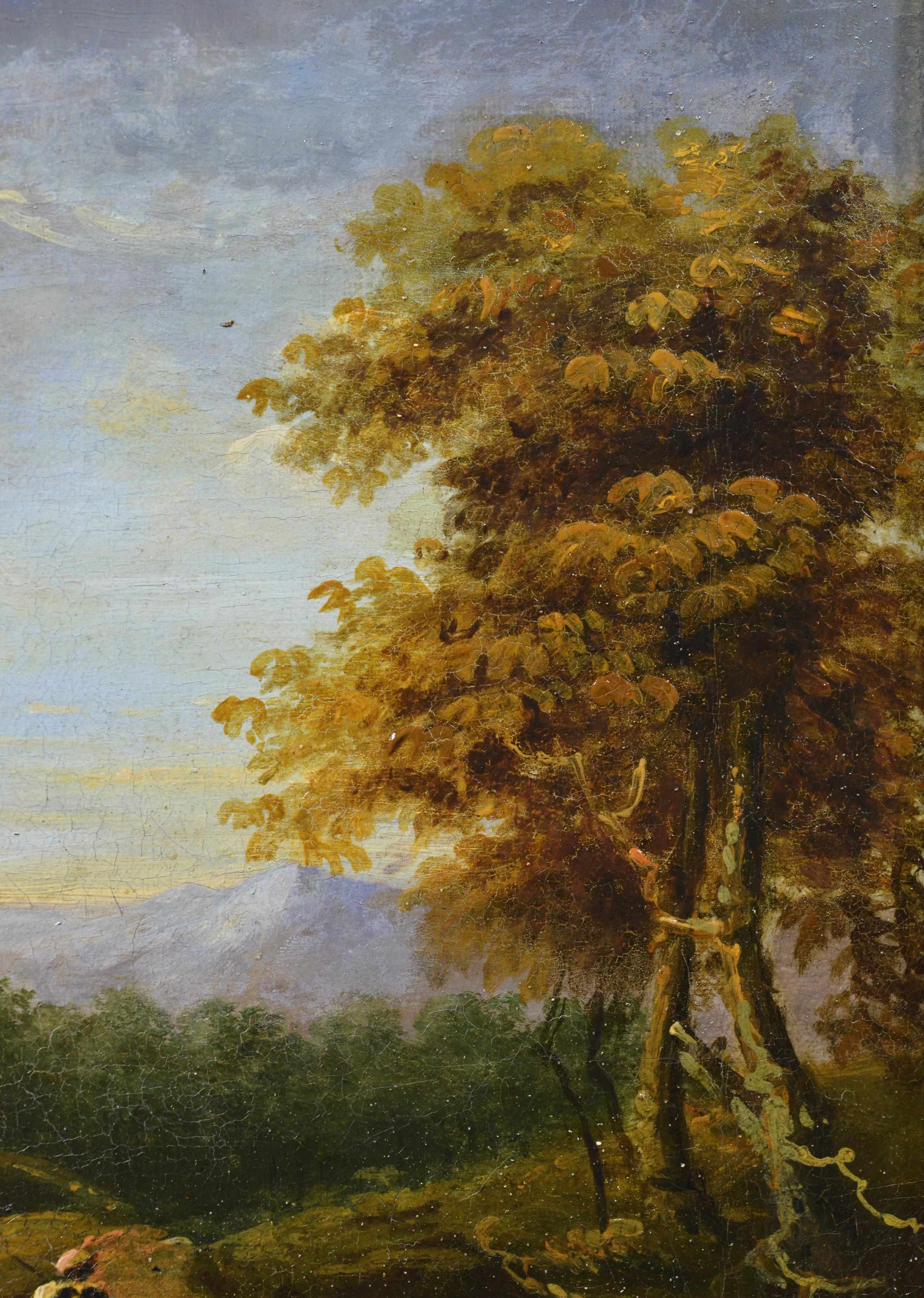 This antique oil painting on canvas represents a masterfully painted pastoral landscape from the first half of the 19th century and executed in the style of the old masters school. The composition presents an idyllic rural scene with two peasant