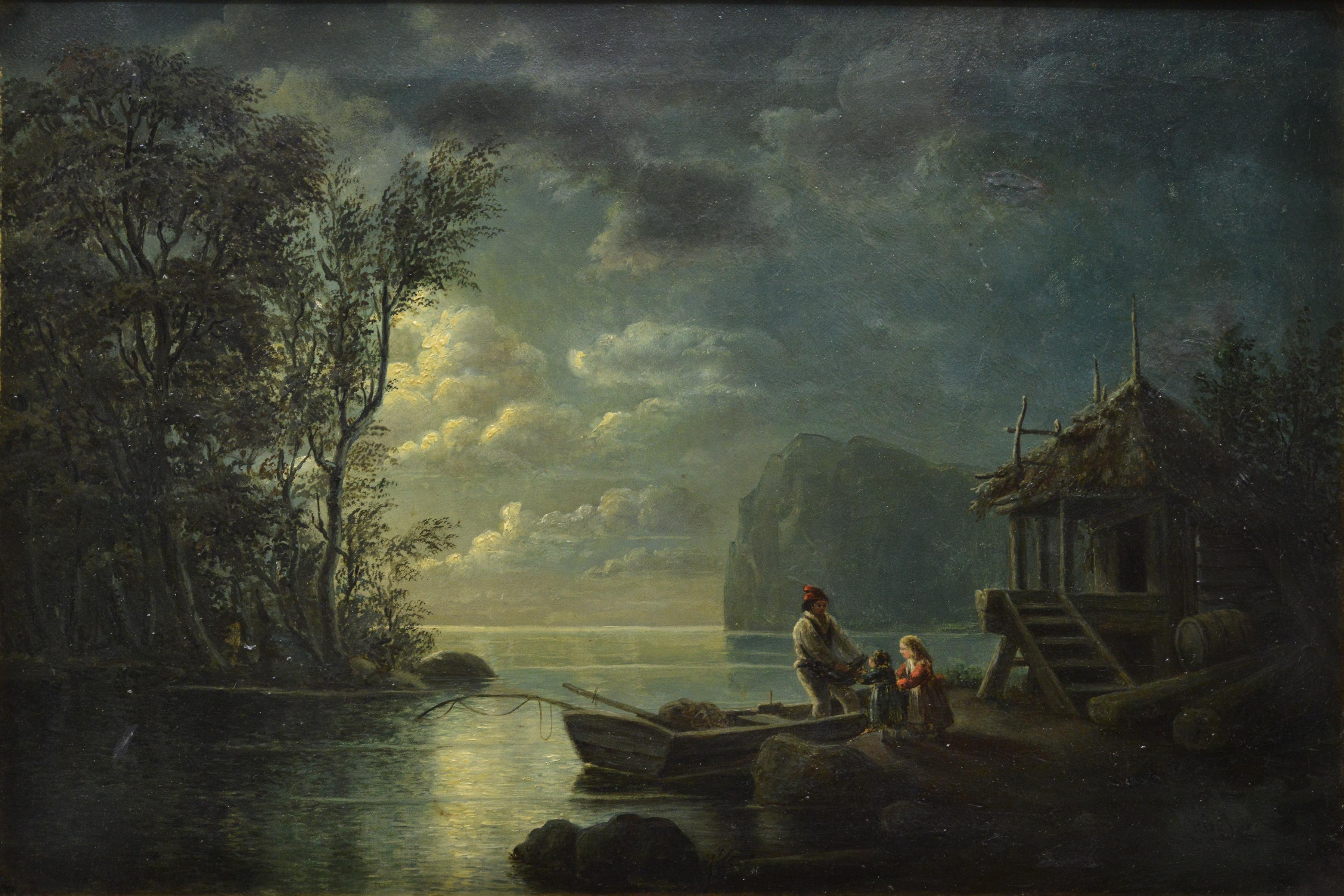 Antique 19th Century Romantic Moonlit Landscape Fisherman's Return Gold Frame - Painting by Unknown