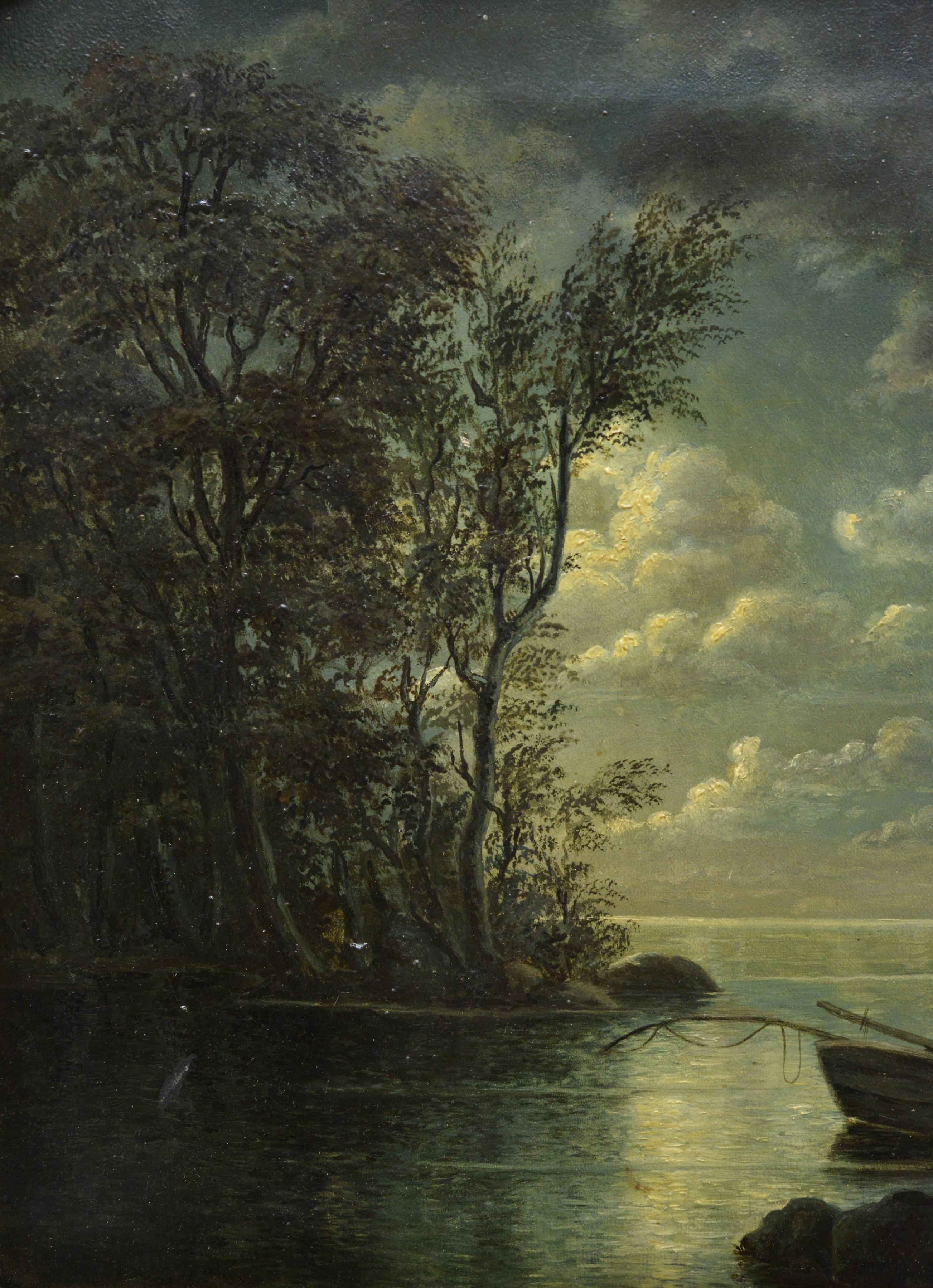 Antique 19th Century Romantic Moonlit Landscape Fisherman's Return Gold Frame - Realist Painting by Unknown