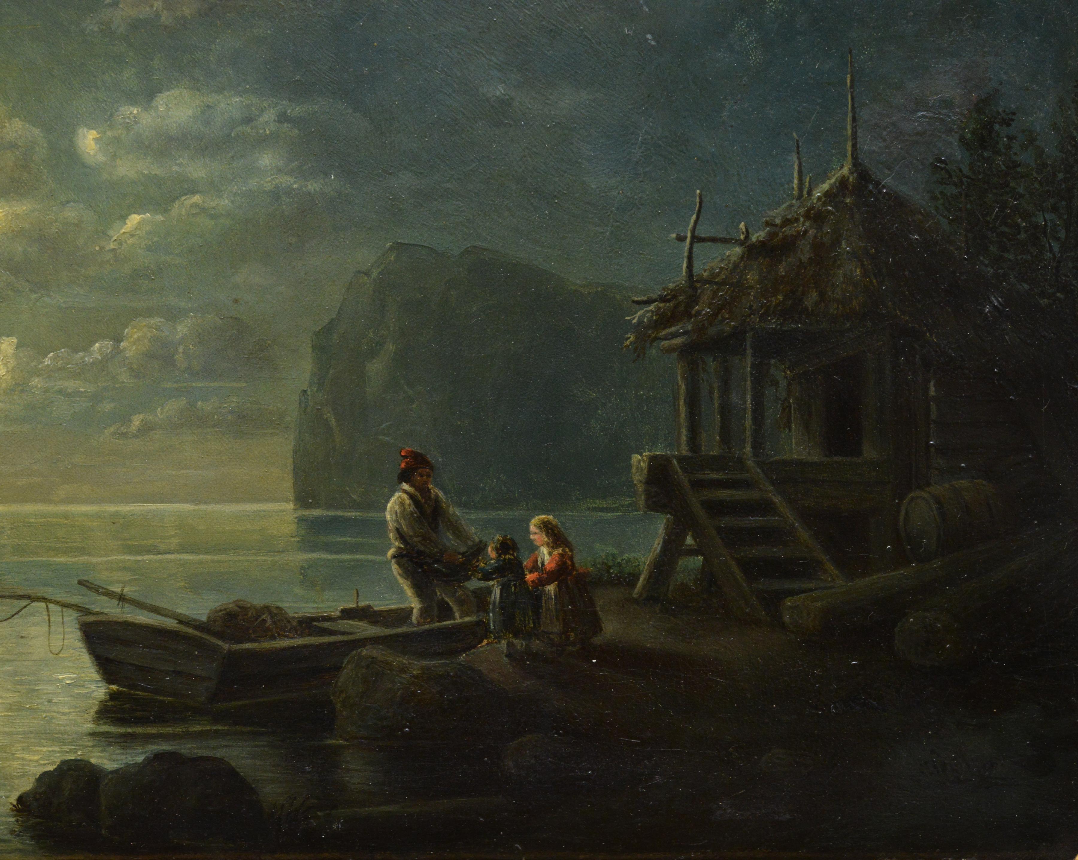 Antique 19th Century Romantic Moonlit Landscape Fisherman's Return Gold Frame - Brown Landscape Painting by Unknown