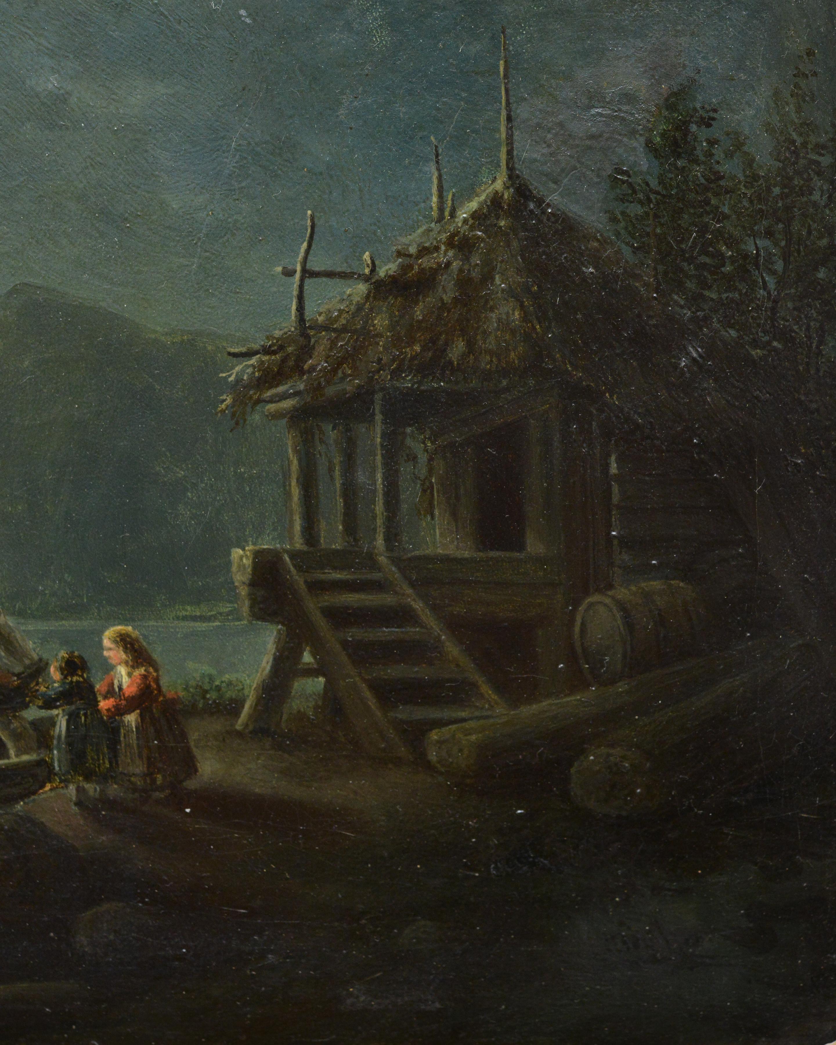 This evocative 19th  century oil painting on canvas portrays a tender moment as a fisherman returns with his catch to his two daughters on the tranquil, moonlit shores of a sea bay beside their fishing hut. Presumably painted by an unknown