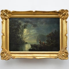 Antique 19th Century Romantic Moonlit Landscape Fisherman's Return Gold Frame