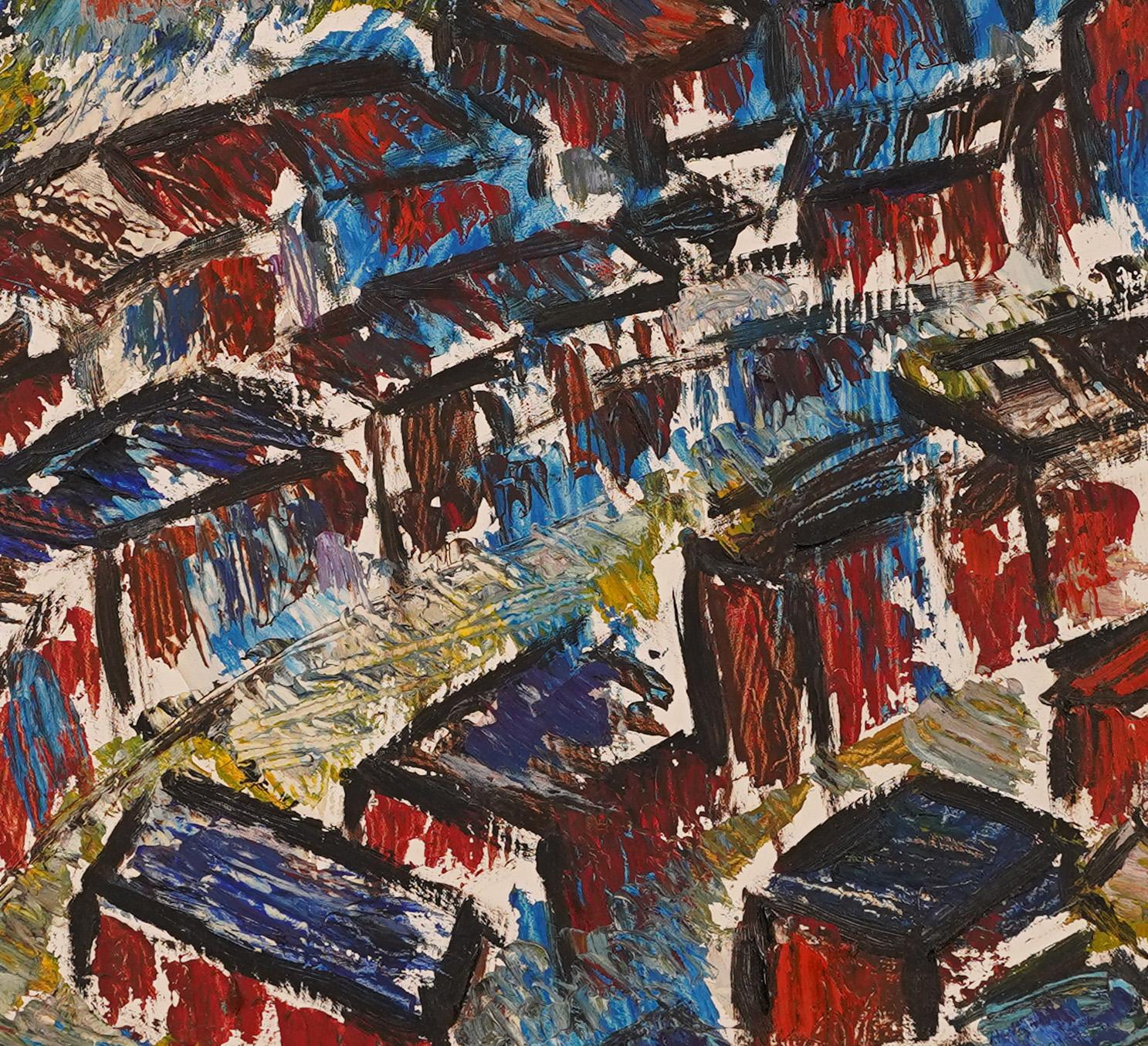 Cuadro de pueblo abstracto modernista vintage. Óleo sobre tabla.  Alojada en un marco de época.  Tamaño de la imagen, 24L x 30H.  Firmado.
