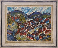 Incroyable peinture à l'huile ancienne encadrée d'un village expressionniste européen, signée