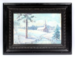 Antique America Impressionist Oil Painting Winter Landscape Church Framed 1930's
