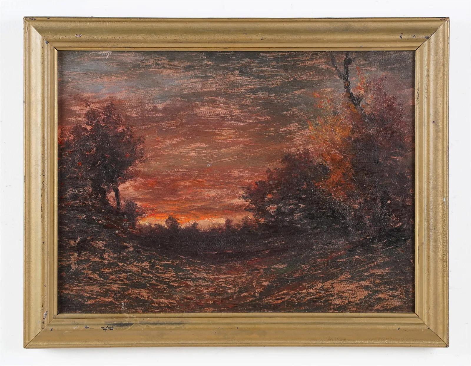 Antico dipinto di paesaggio della scuola Blakelock del XIX secolo, con tramonto ardente - Painting Impressionismo di Unknown
