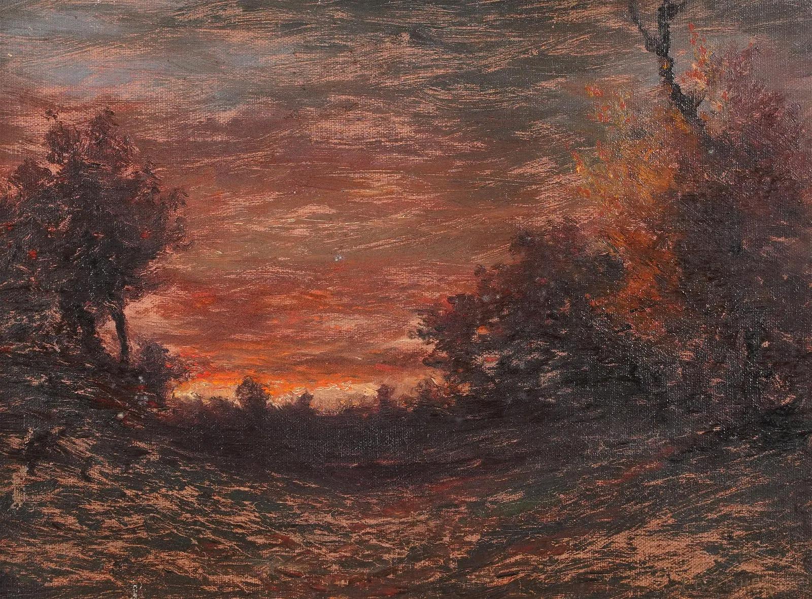 Antique American 19th Century Blazing Sunset Blakelock School Landscape Painting For Sale 2