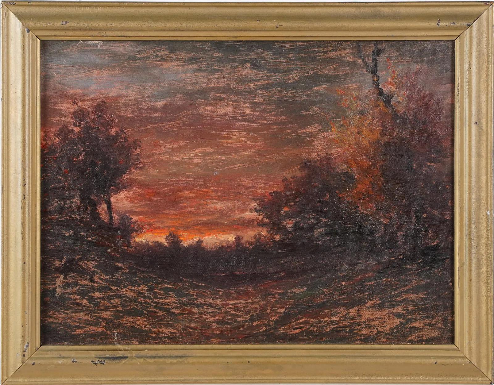 Unknown Abstract Painting - Antique American 19th Century Blazing Sunset Blakelock School Landscape Painting