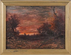 Antique American 19th Century Blazing Sunset Blakelock School Landscape Painting