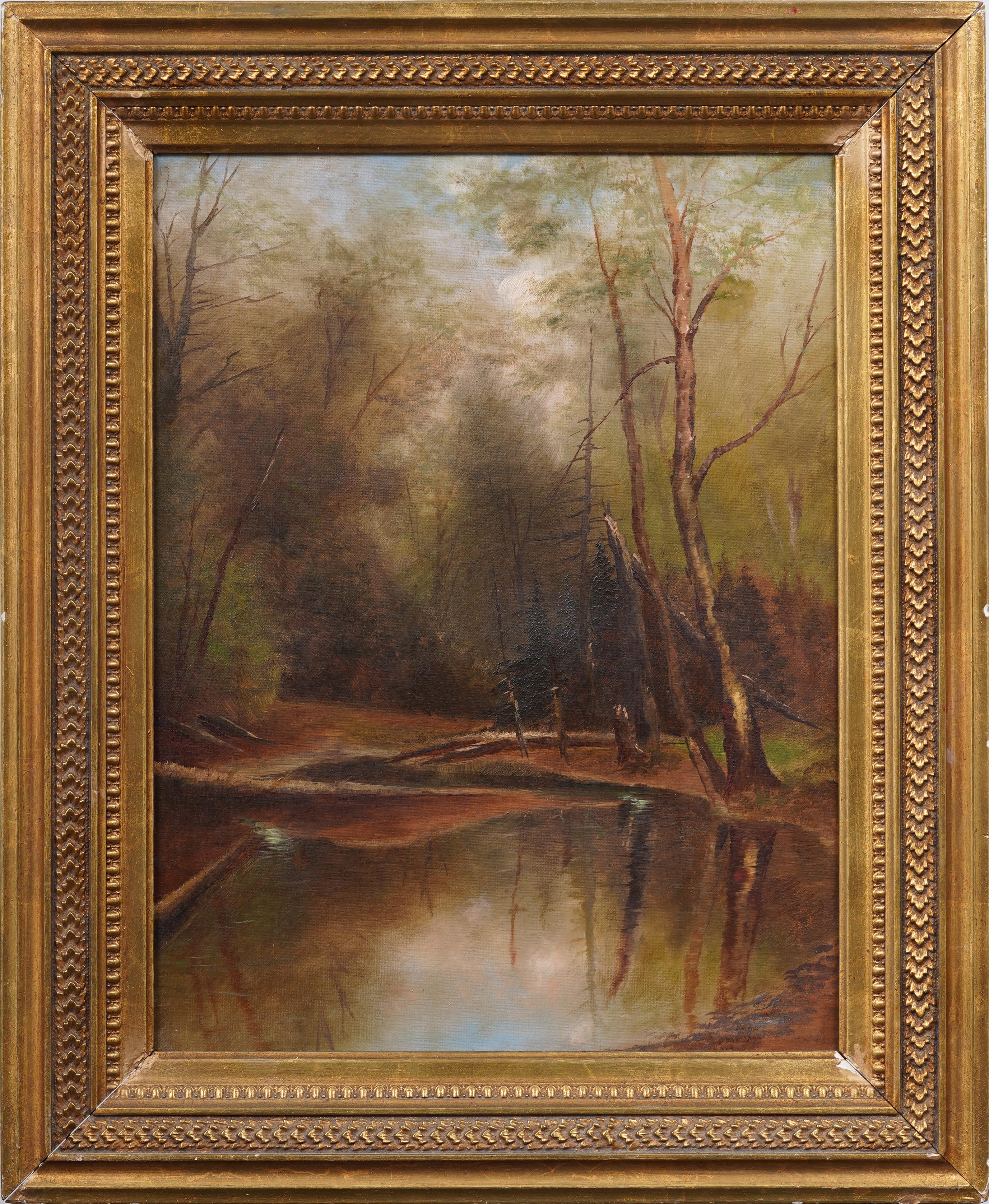 Antiguo paisaje interior de estanque forestal americano del siglo XIX Pintura al óleo enmarcada - Painting de Unknown